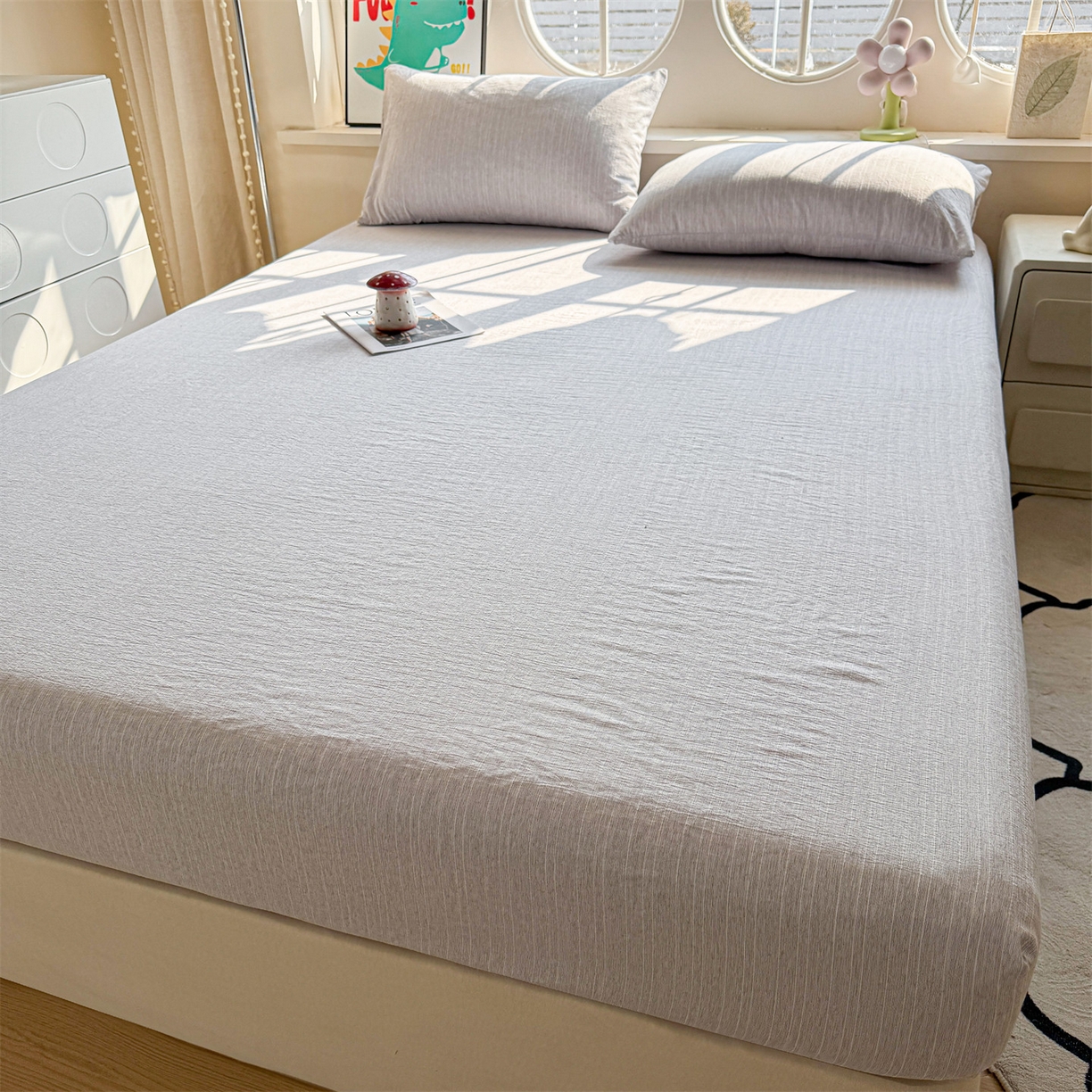 91家纺网 家纺一手货源 找家纺 雯豆家纺 2026春夏新款色织提花单层床笠三件套印花小清新卡通床罩 色织-葡萄青