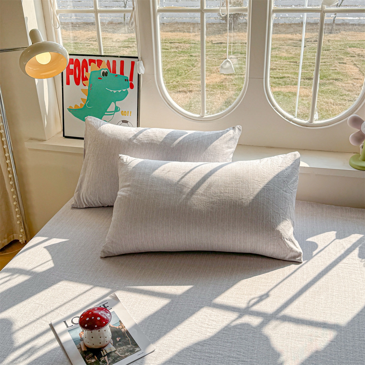 91家纺网 家纺一手货源 找家纺 雯豆家纺 2026春夏新款色织提花单层床笠三件套印花小清新卡通床罩 色织-葡萄青