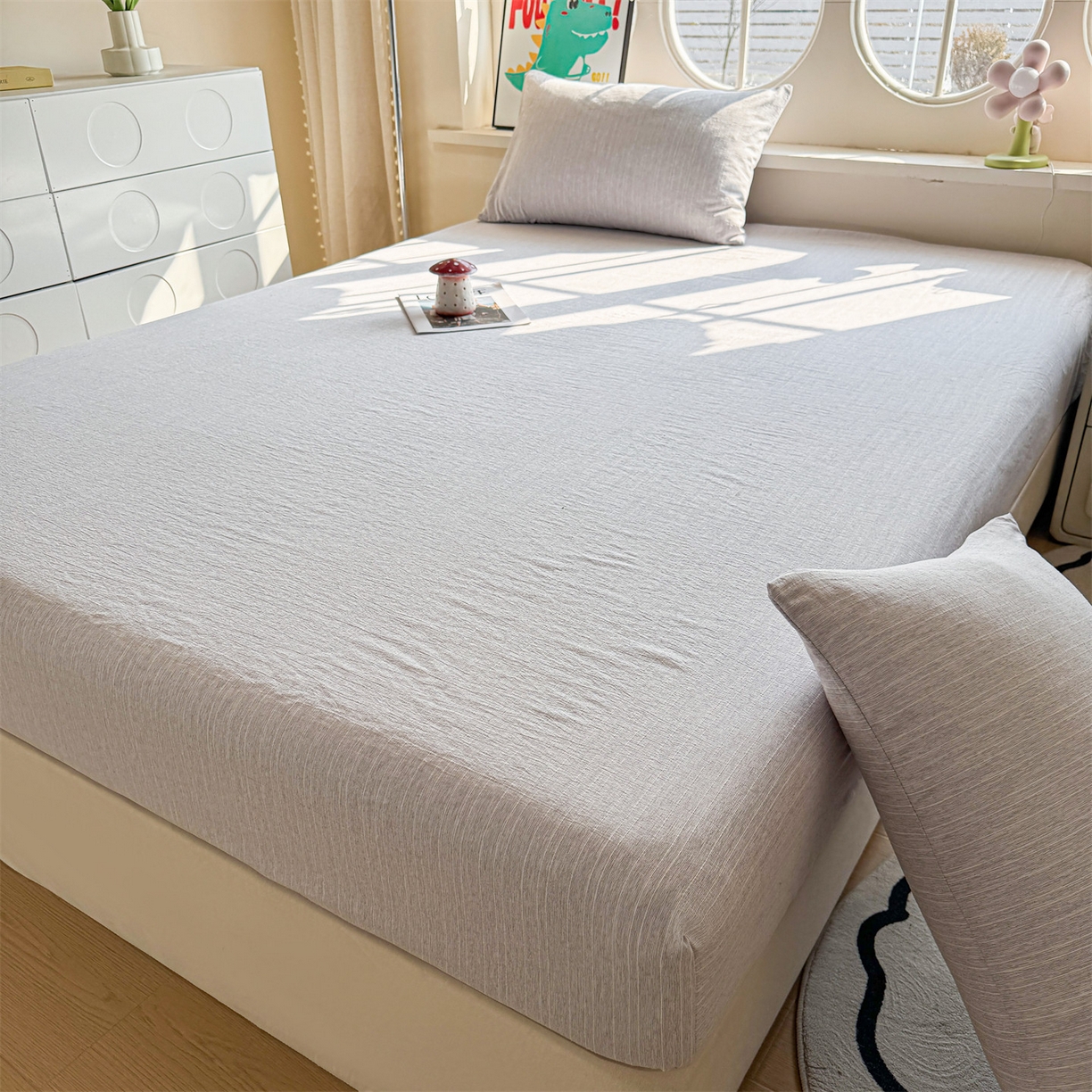 91家纺网 家纺一手货源 找家纺 雯豆家纺 2026春夏新款色织提花单层床笠三件套印花小清新卡通床罩 色织-葡萄青