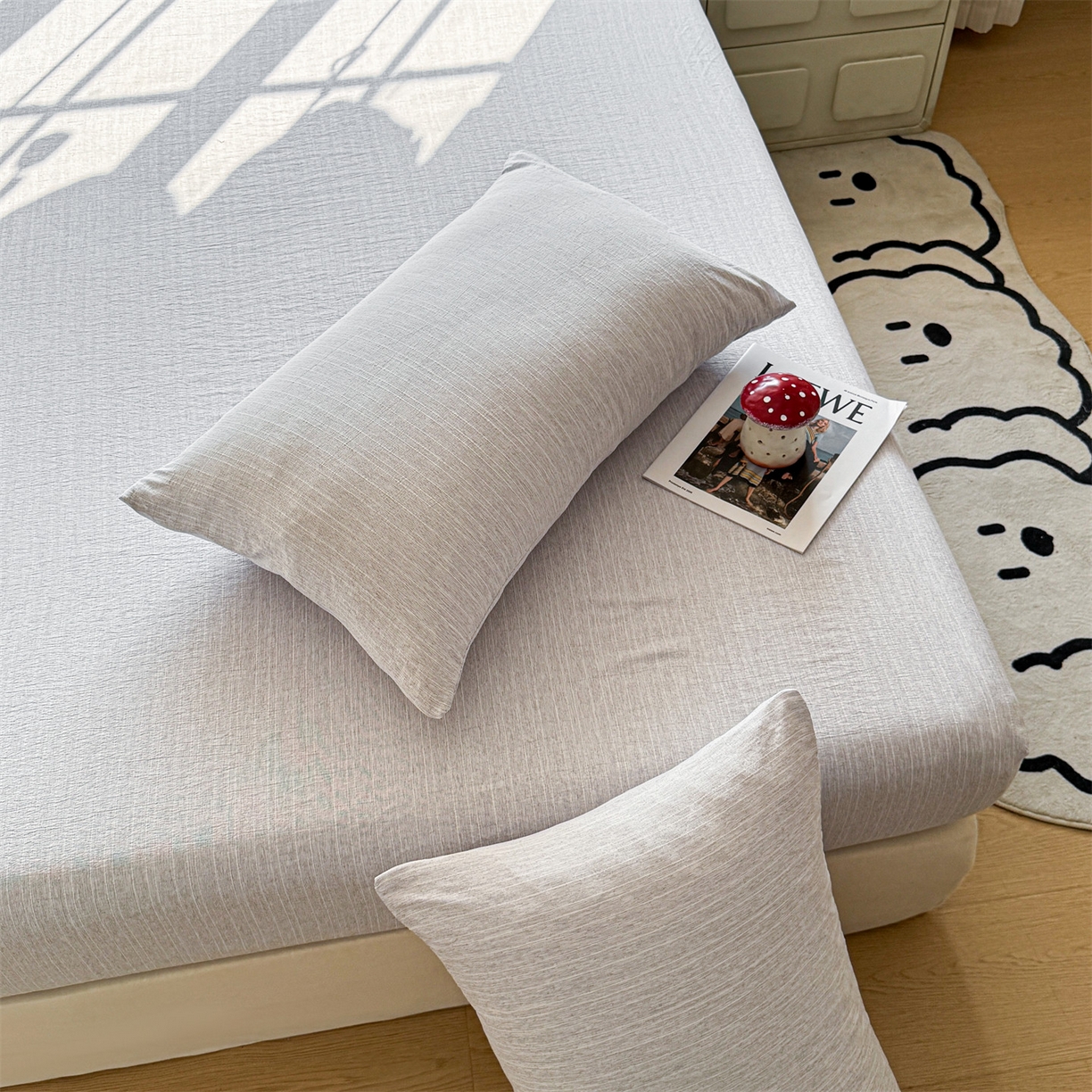 91家纺网 家纺一手货源 找家纺 雯豆家纺 2026春夏新款色织提花单层床笠三件套印花小清新卡通床罩 色织-葡萄青