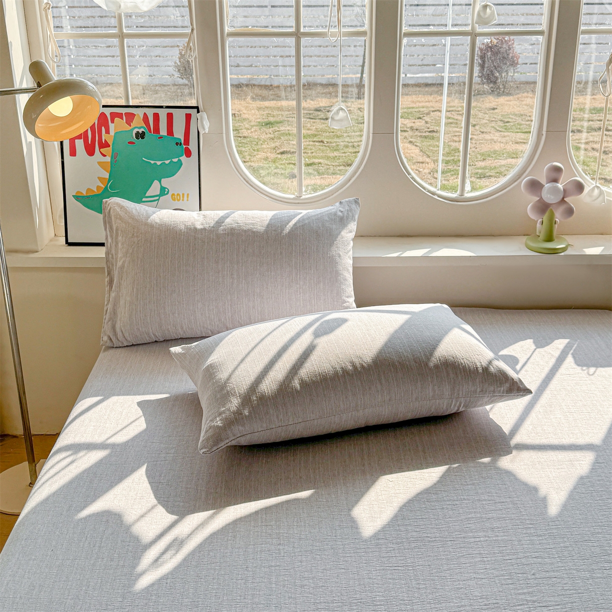 91家纺网 家纺一手货源 找家纺 雯豆家纺 2026春夏新款色织提花单层床笠三件套印花小清新卡通床罩 色织-葡萄青