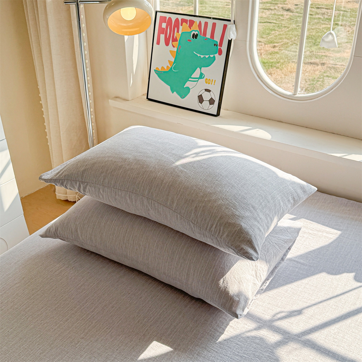 91家纺网 家纺一手货源 找家纺 雯豆家纺 2026春夏新款色织提花单层床笠三件套印花小清新卡通床罩 色织-葡萄青