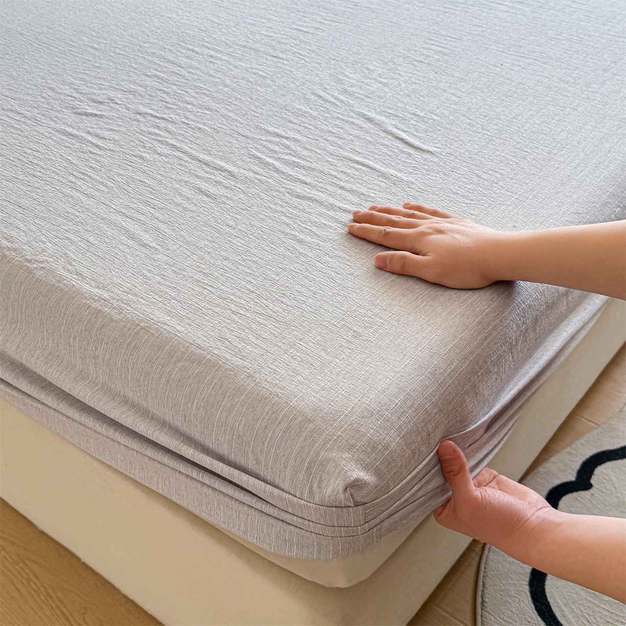 91家纺网 家纺一手货源 找家纺 雯豆家纺 2026春夏新款色织提花单层床笠三件套印花小清新卡通床罩 色织-葡萄青