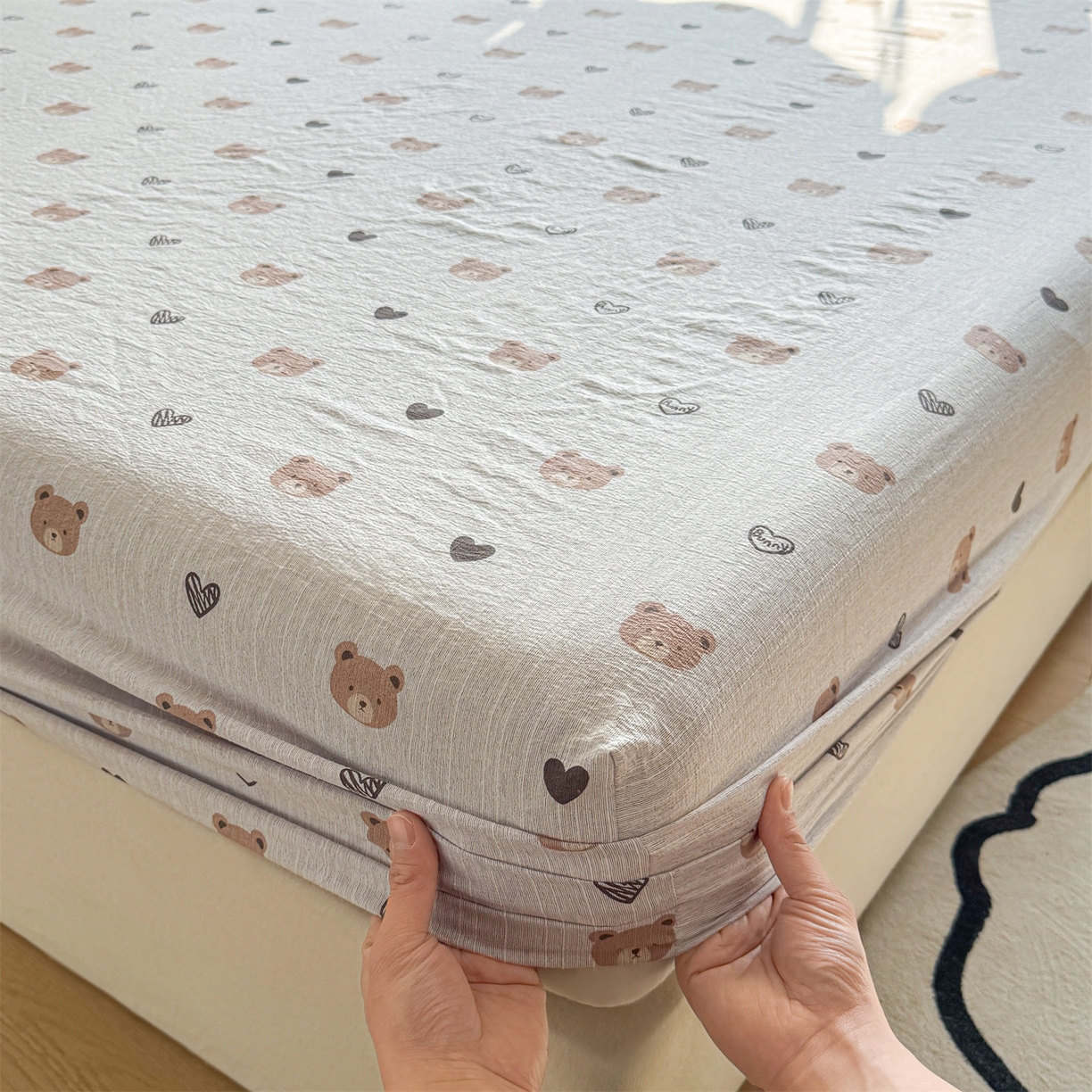 雯豆家纺 2026春夏新款色织提花单层床笠三件套印花小清新卡通床罩 色织提花-邦尼熊