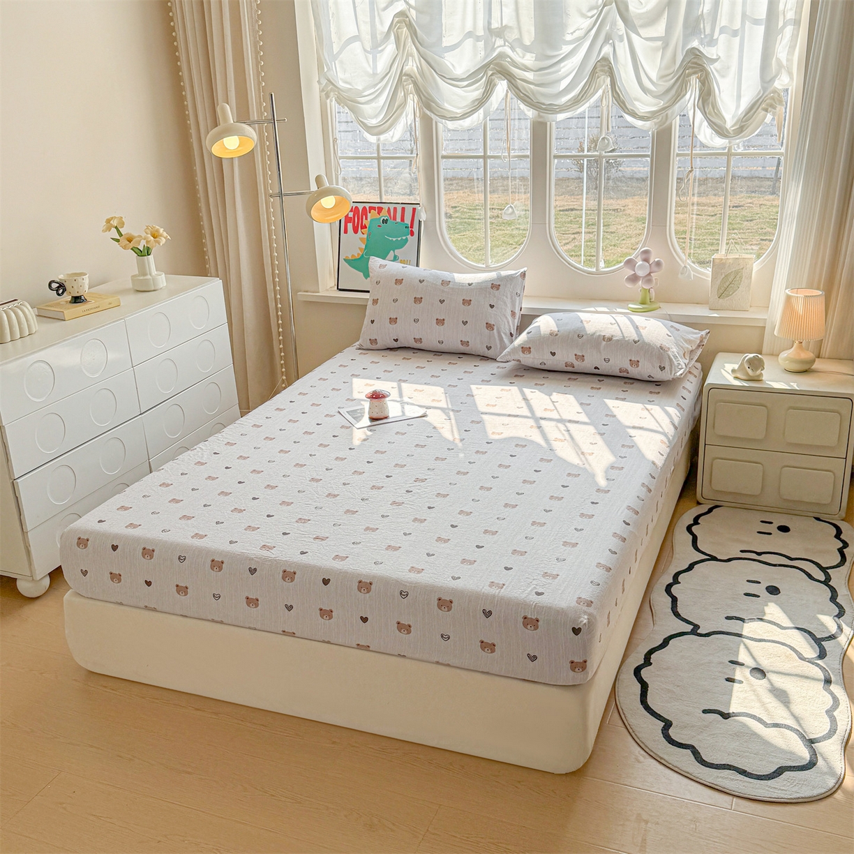 91家纺网 家纺一手货源 找家纺 雯豆家纺 2026春夏新款色织提花单层床笠三件套印花小清新卡通床罩 色织提花-邦尼熊