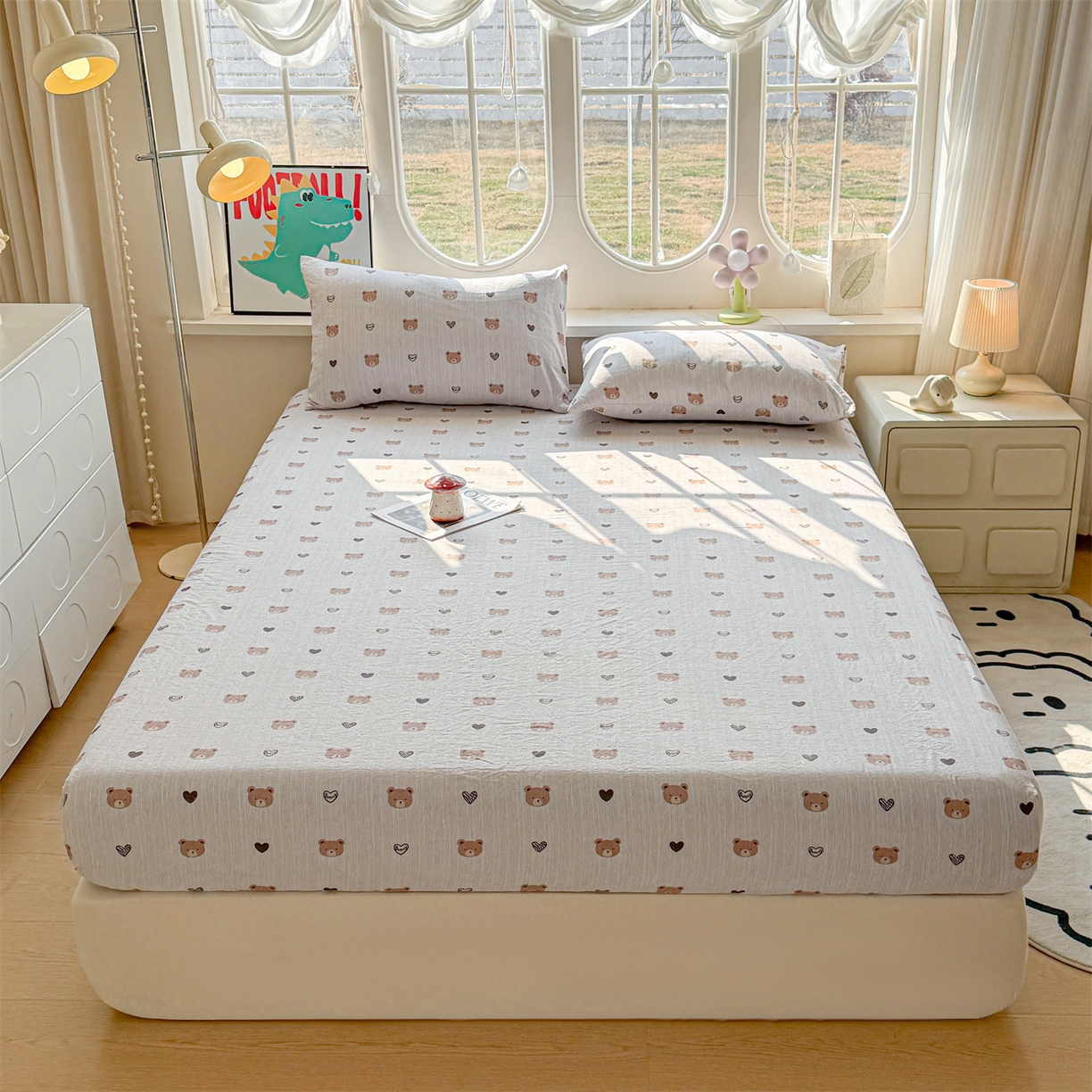 91家纺网 家纺一手货源 找家纺 雯豆家纺 2026春夏新款色织提花单层床笠三件套印花小清新卡通床罩 色织提花-邦尼熊