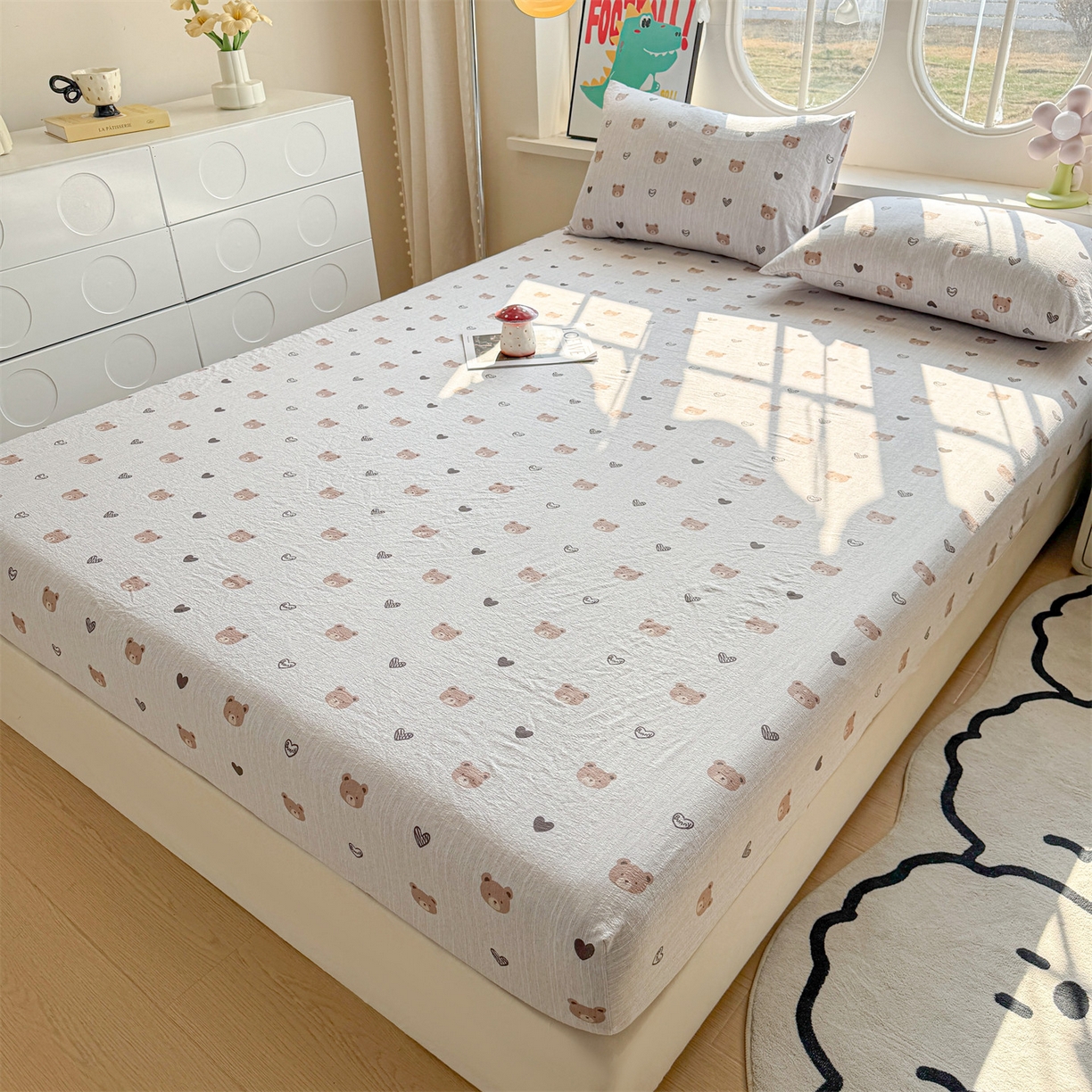 91家纺网 家纺一手货源 找家纺 雯豆家纺 2026春夏新款色织提花单层床笠三件套印花小清新卡通床罩 色织提花-邦尼熊