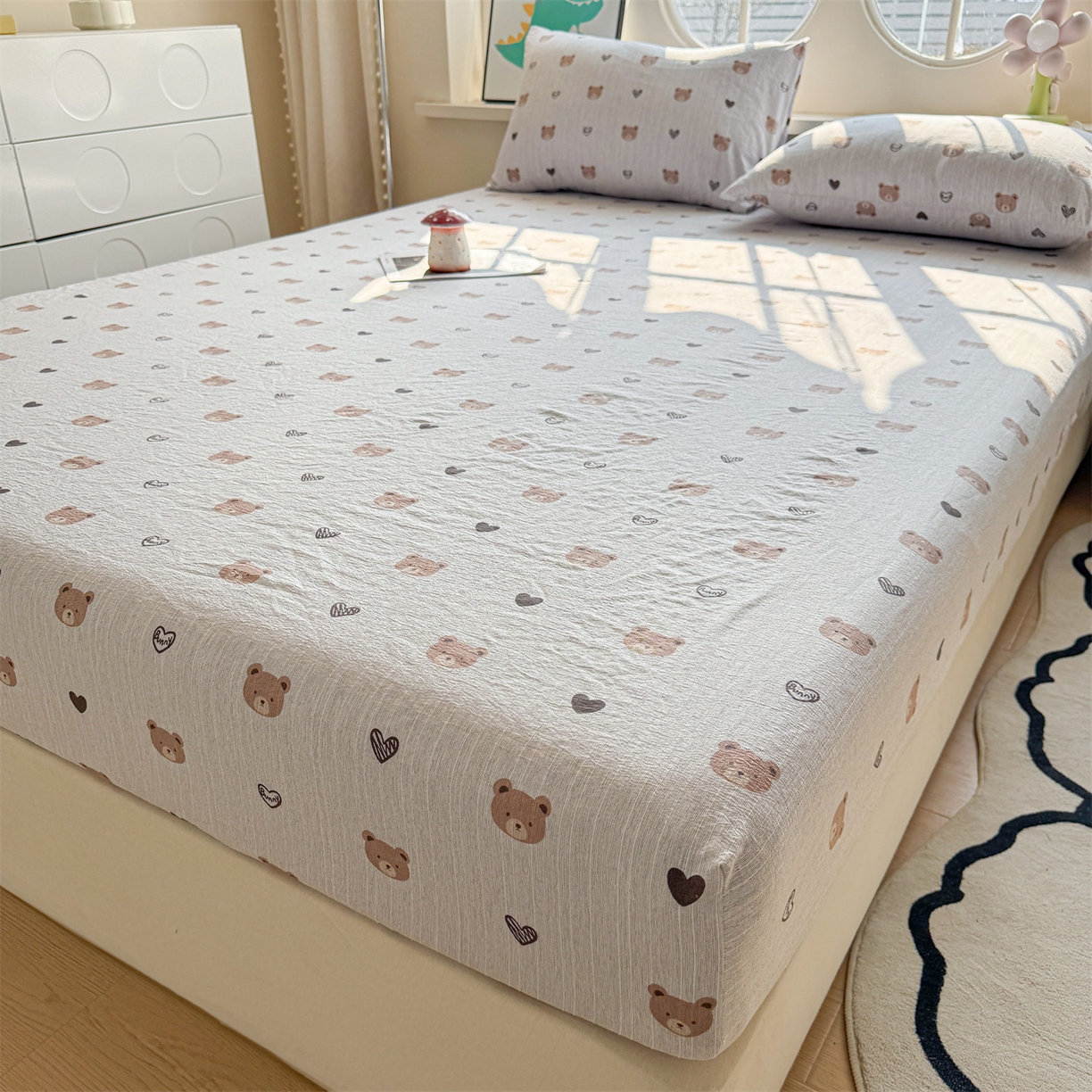 91家纺网 家纺一手货源 找家纺 雯豆家纺 2026春夏新款色织提花单层床笠三件套印花小清新卡通床罩 色织提花-邦尼熊