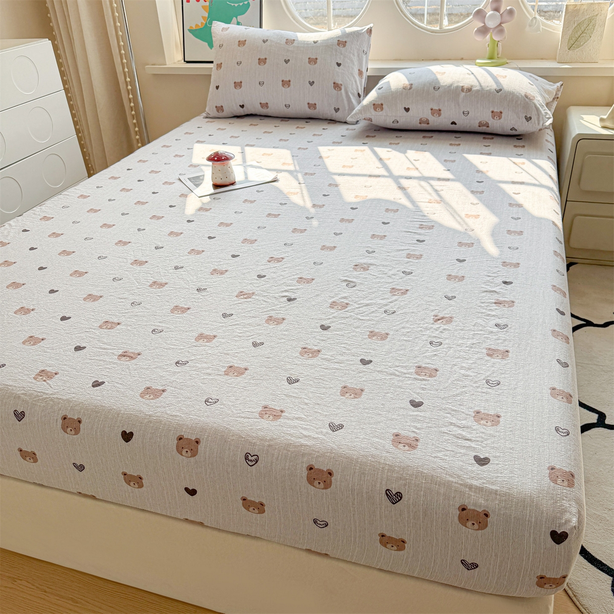 91家纺网 家纺一手货源 找家纺 雯豆家纺 2026春夏新款色织提花单层床笠三件套印花小清新卡通床罩 色织提花-邦尼熊