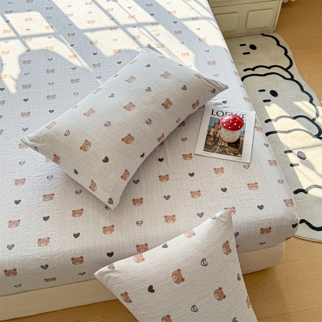 91家纺网 家纺一手货源 找家纺 雯豆家纺 2026春夏新款色织提花单层床笠三件套印花小清新卡通床罩 色织提花-邦尼熊