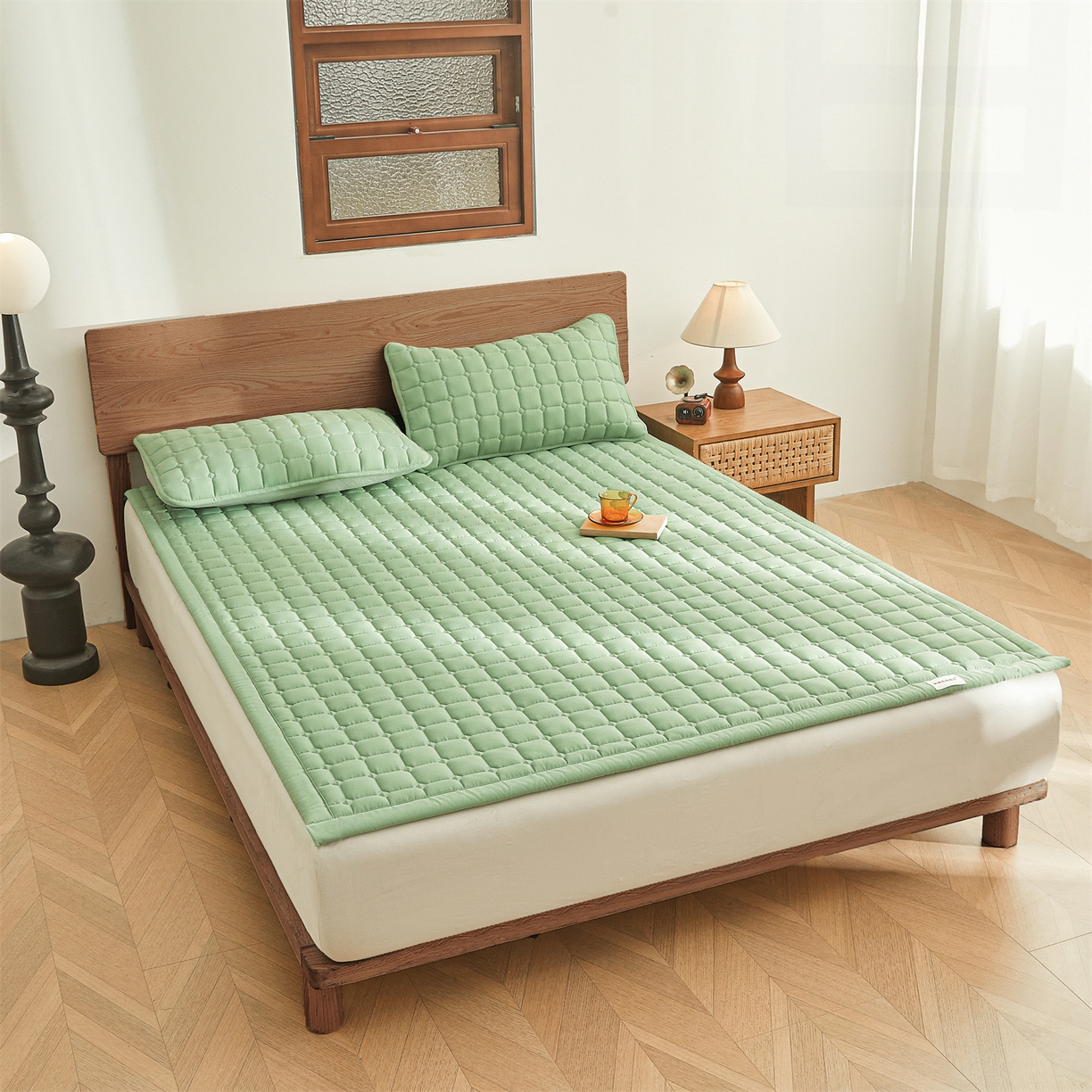 91家纺网 家纺一手货源 找家纺 雯豆家纺 2026春夏新款老粗布新疆棉花床垫床护垫加厚隔脏床垫遮盖物 老粗布-清雅绿