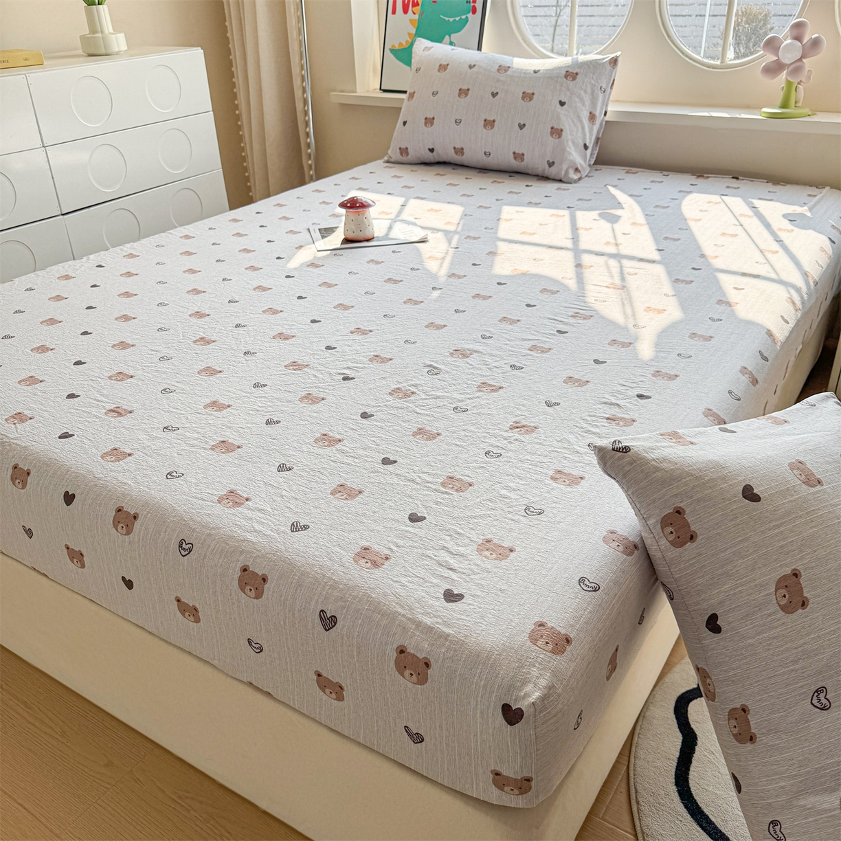 91家纺网 家纺一手货源 找家纺 雯豆家纺 2026春夏新款色织提花单层床笠三件套印花小清新卡通床罩 色织提花-邦尼熊