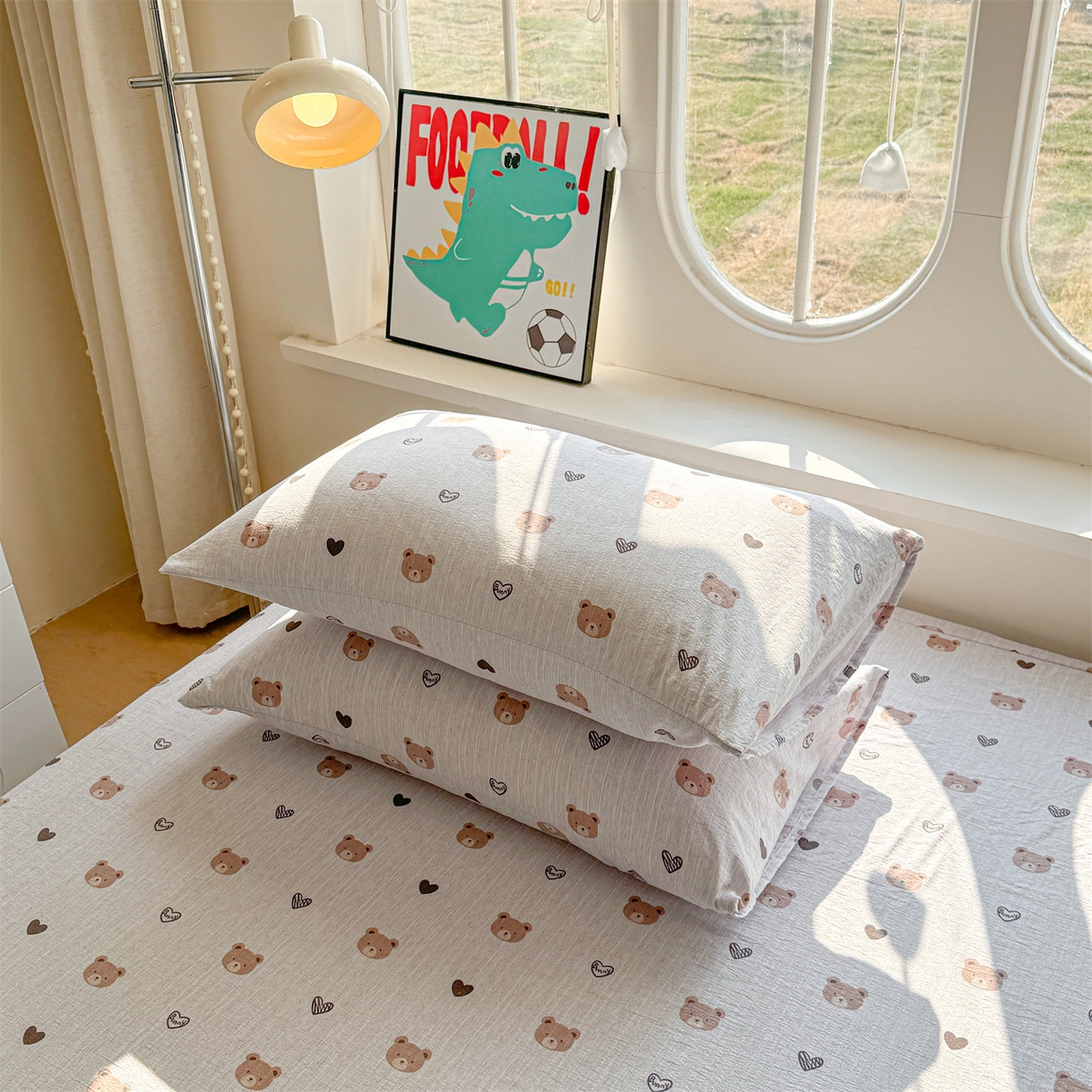 91家纺网 家纺一手货源 找家纺 雯豆家纺 2026春夏新款色织提花单层床笠三件套印花小清新卡通床罩 色织提花-邦尼熊