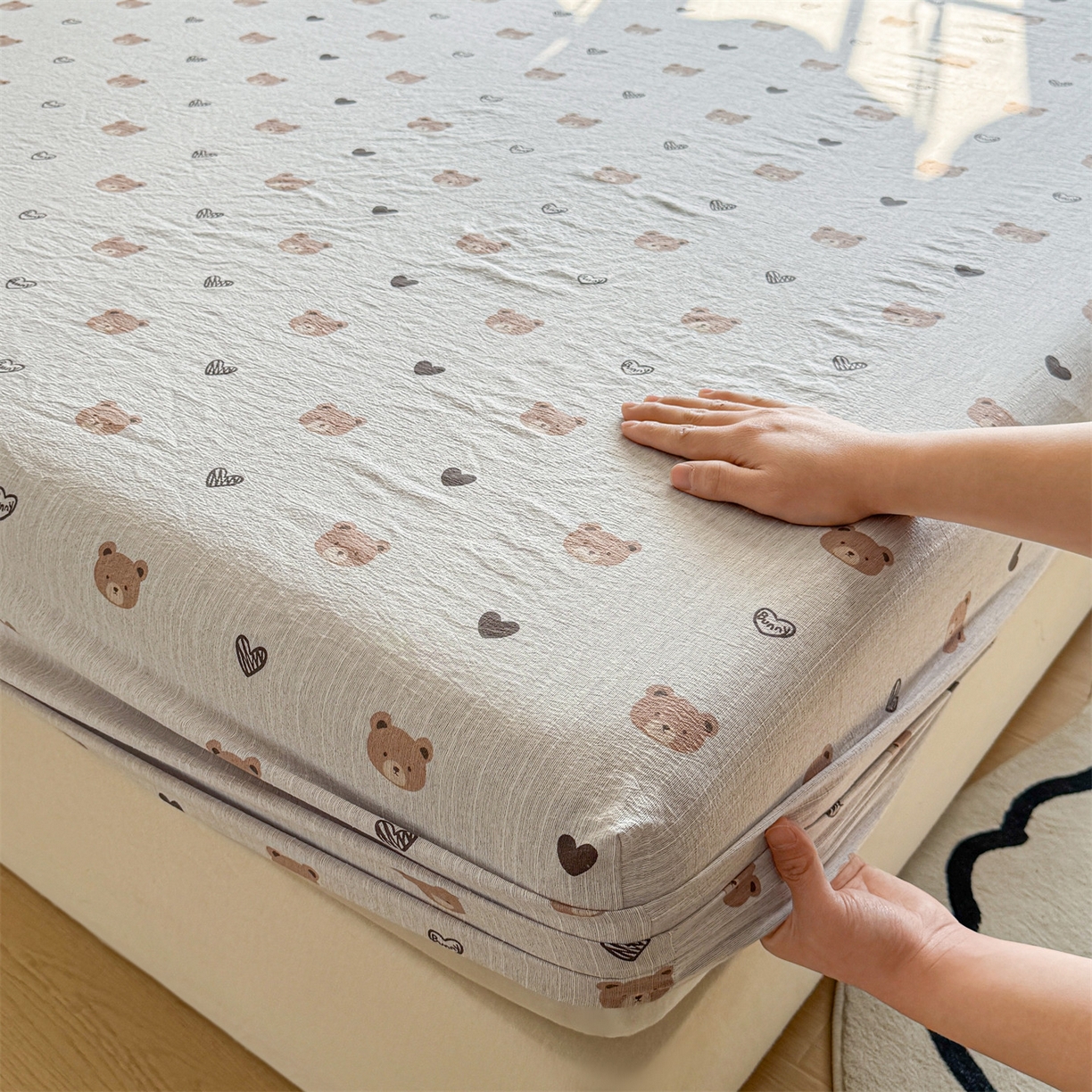 91家纺网 家纺一手货源 找家纺 雯豆家纺 2026春夏新款色织提花单层床笠三件套印花小清新卡通床罩 色织提花-邦尼熊