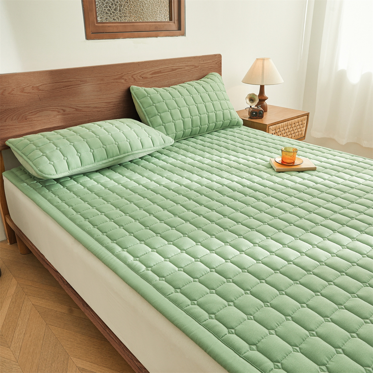 91家纺网 家纺一手货源 找家纺 雯豆家纺 2026春夏新款老粗布新疆棉花床垫床护垫加厚隔脏床垫遮盖物 老粗布-清雅绿