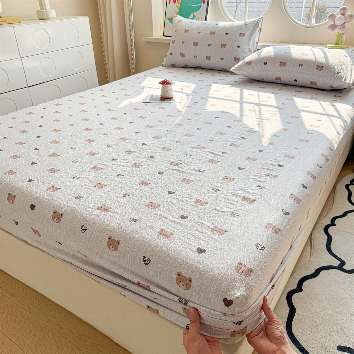 91家纺网 家纺一手货源 找家纺 雯豆家纺 2026春夏新款色织提花单层床笠三件套印花小清新卡通床罩 色织提花-邦尼熊