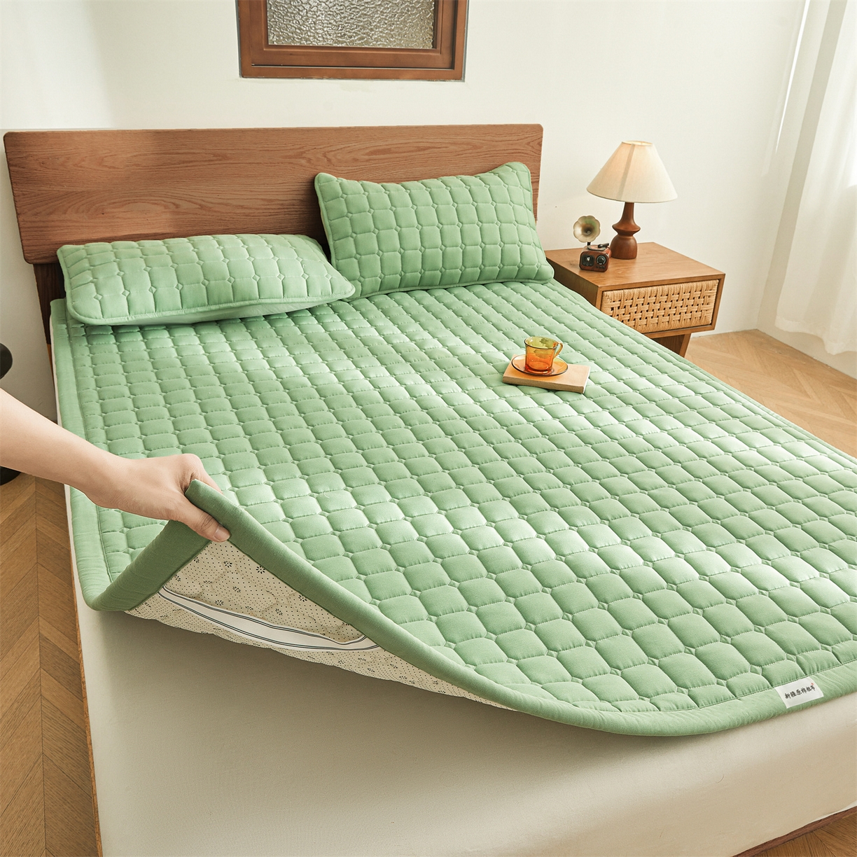 91家纺网 家纺一手货源 找家纺 雯豆家纺 2026春夏新款老粗布新疆棉花床垫床护垫加厚隔脏床垫遮盖物 老粗布-清雅绿