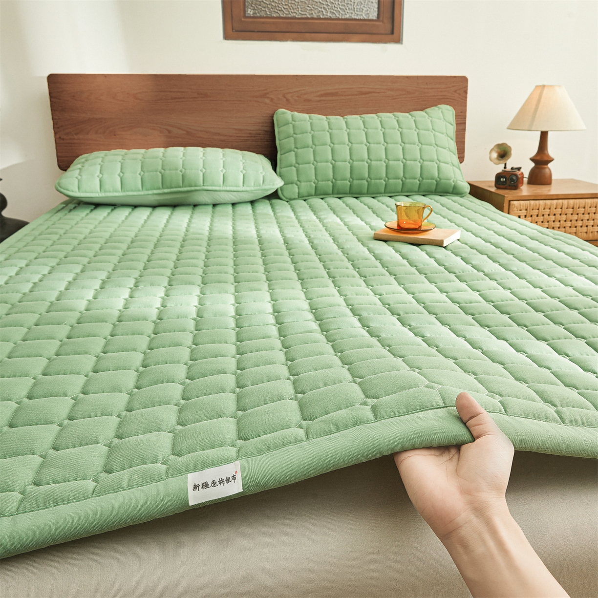 91家纺网 家纺一手货源 找家纺 雯豆家纺 2026春夏新款老粗布新疆棉花床垫床护垫加厚隔脏床垫遮盖物 老粗布-清雅绿