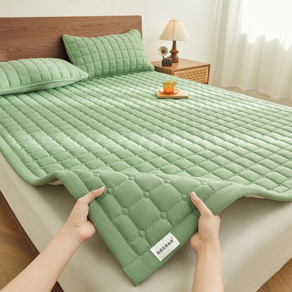 91家纺网 家纺一手货源 找家纺 雯豆家纺 2026春夏新款老粗布新疆棉花床垫床护垫加厚隔脏床垫遮盖物 老粗布-清雅绿