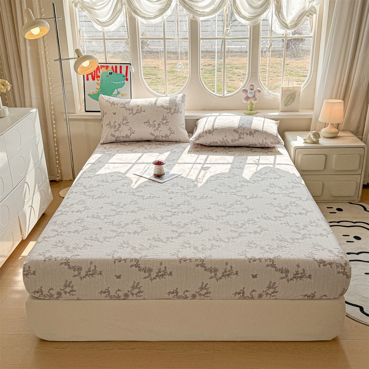 91家纺网 家纺一手货源 找家纺 雯豆家纺 2026春夏新款色织提花单层床笠三件套印花小清新卡通床罩 色织提花-蝶恋花