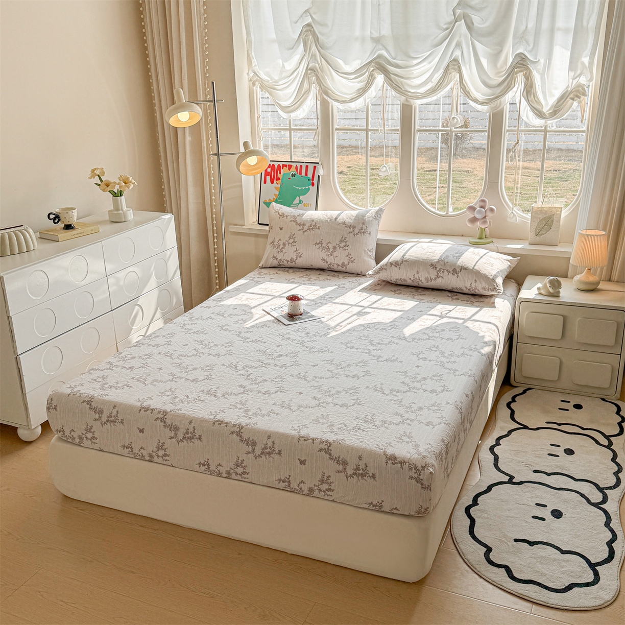 91家纺网 家纺一手货源 找家纺 雯豆家纺 2026春夏新款色织提花单层床笠三件套印花小清新卡通床罩 色织提花-蝶恋花