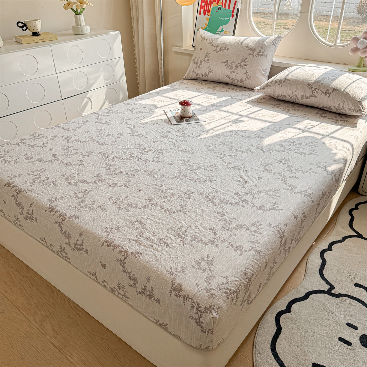 91家纺网 家纺一手货源 找家纺 雯豆家纺 2026春夏新款色织提花单层床笠三件套印花小清新卡通床罩 色织提花-蝶恋花