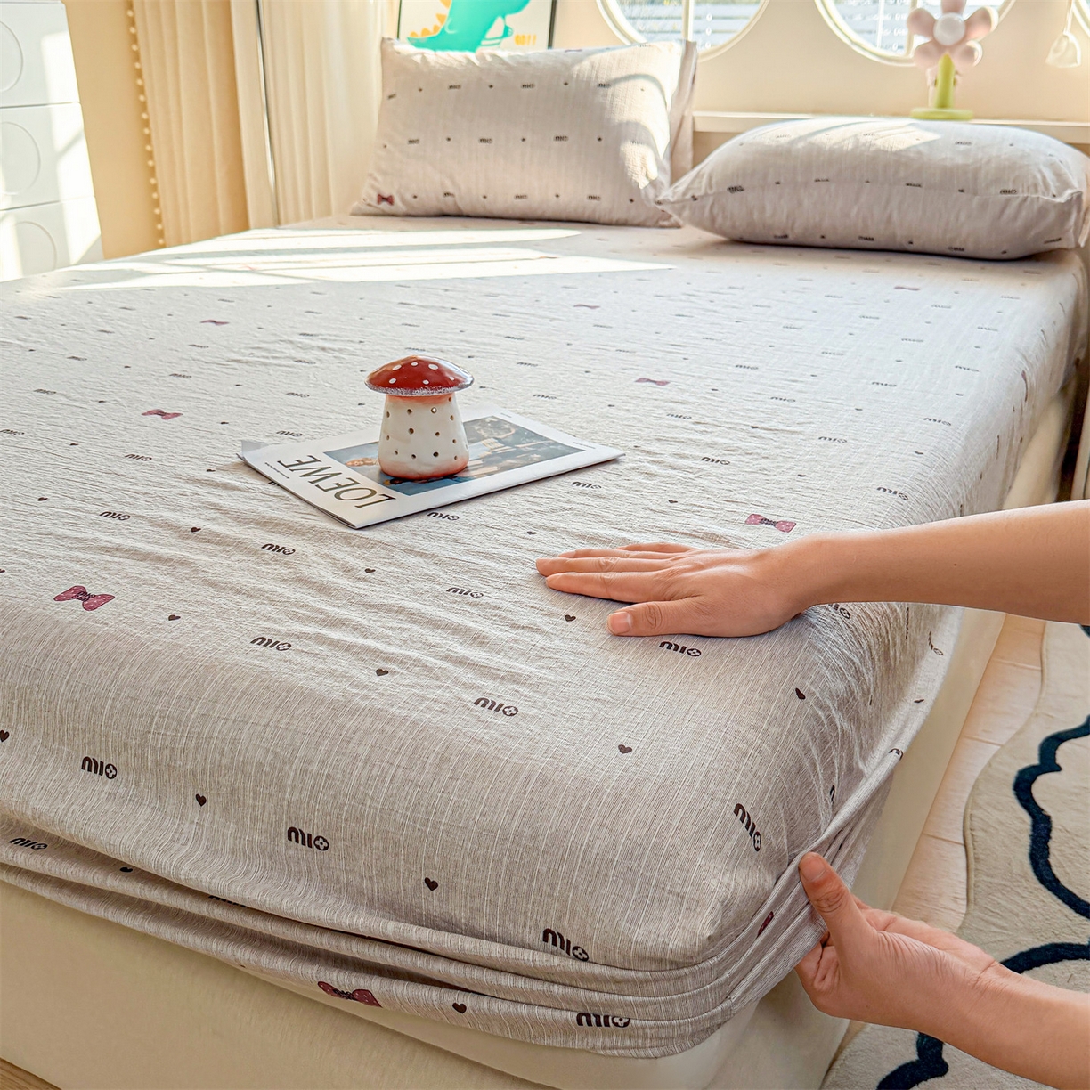 91家纺网 家纺一手货源 找家纺 雯豆家纺 2026春夏新款色织提花单层床笠三件套印花小清新卡通床罩 色织提花-敏敏