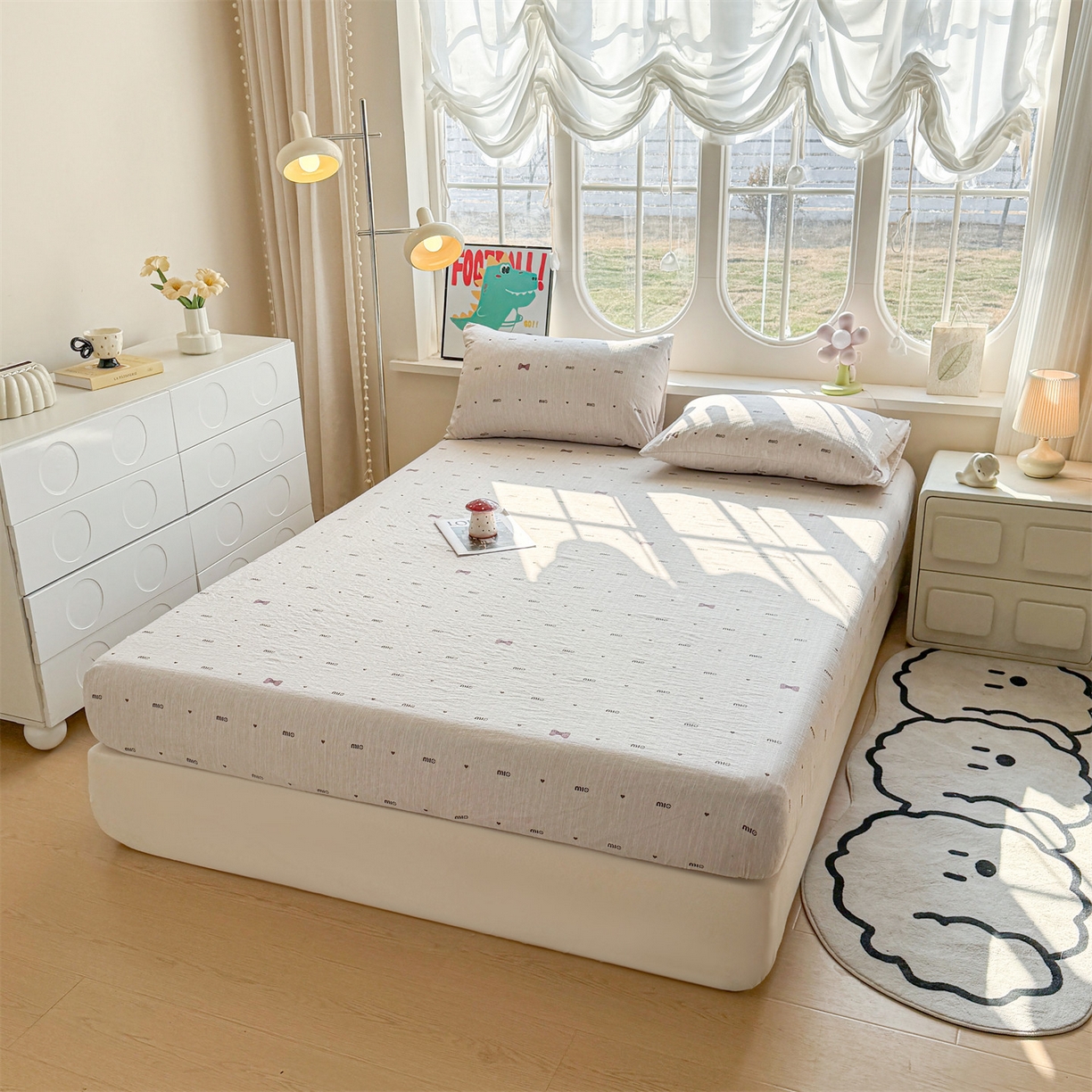 91家纺网 家纺一手货源 找家纺 雯豆家纺 2026春夏新款色织提花单层床笠三件套印花小清新卡通床罩 色织提花-敏敏