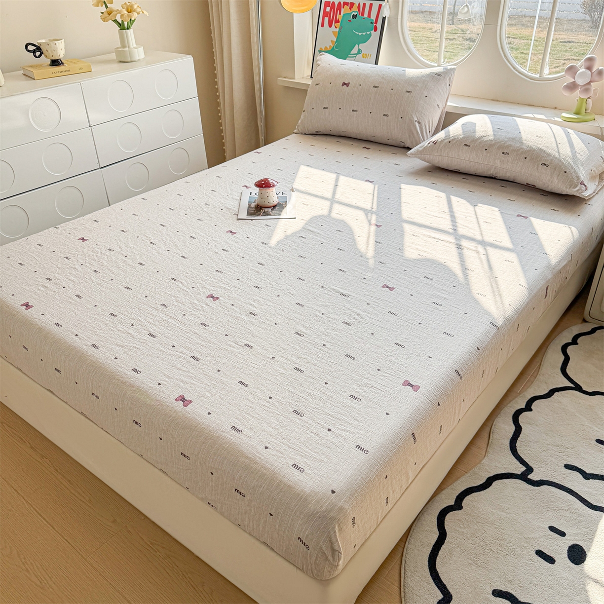 91家纺网 家纺一手货源 找家纺 雯豆家纺 2026春夏新款色织提花单层床笠三件套印花小清新卡通床罩 色织提花-敏敏