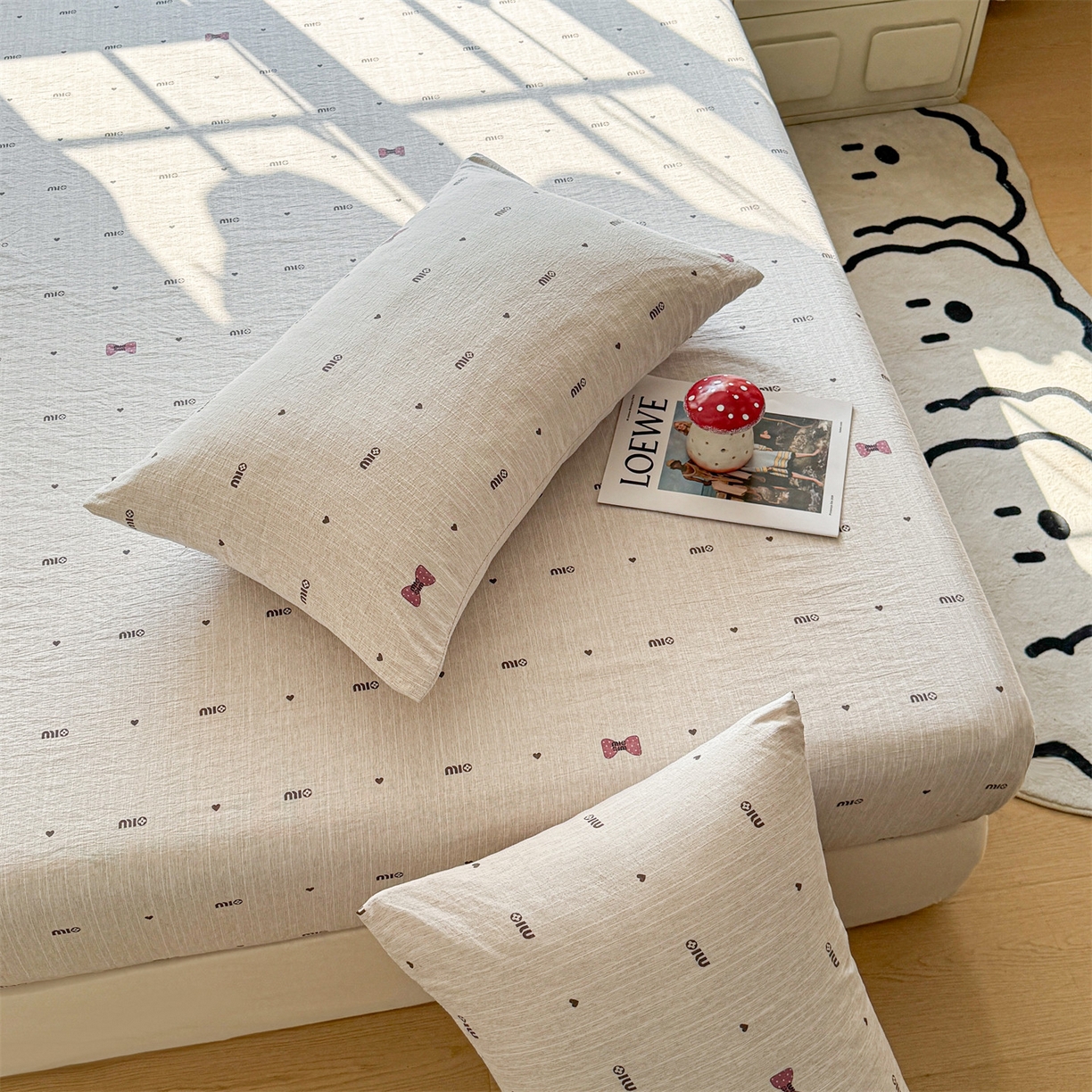 91家纺网 家纺一手货源 找家纺 雯豆家纺 2026春夏新款色织提花单层床笠三件套印花小清新卡通床罩 色织提花-敏敏