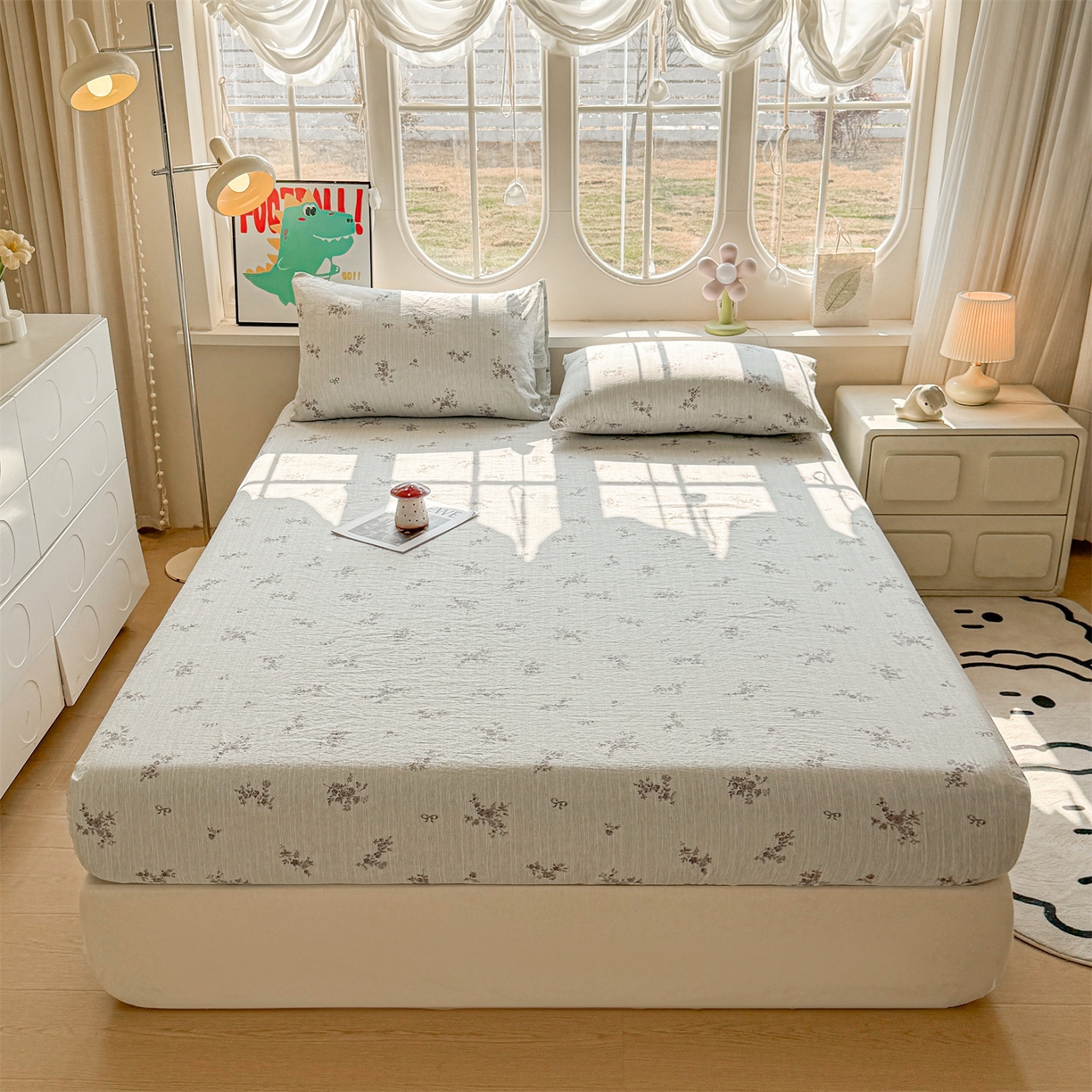 91家纺网 家纺一手货源 找家纺 雯豆家纺 2026春夏新款色织提花单层床笠三件套印花小清新卡通床罩 色织提花-俏佳人