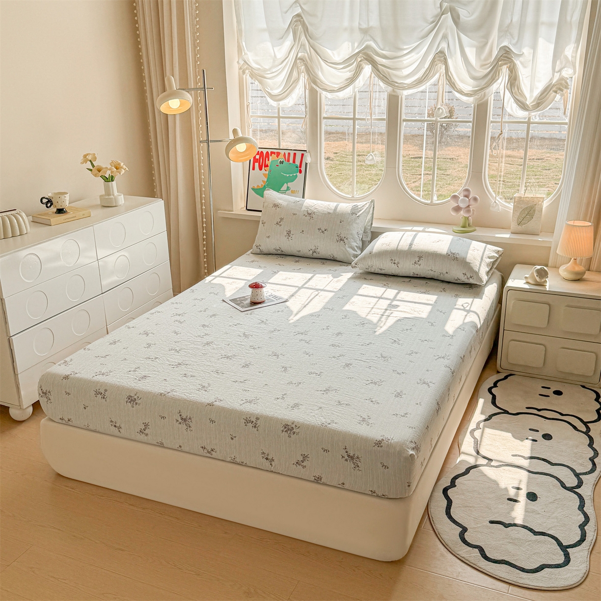 91家纺网 家纺一手货源 找家纺 雯豆家纺 2026春夏新款色织提花单层床笠三件套印花小清新卡通床罩 色织提花-俏佳人