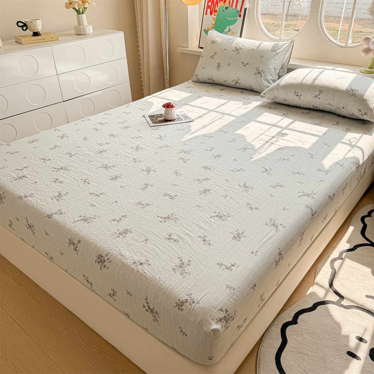 91家纺网 家纺一手货源 找家纺 雯豆家纺 2026春夏新款色织提花单层床笠三件套印花小清新卡通床罩 色织提花-俏佳人