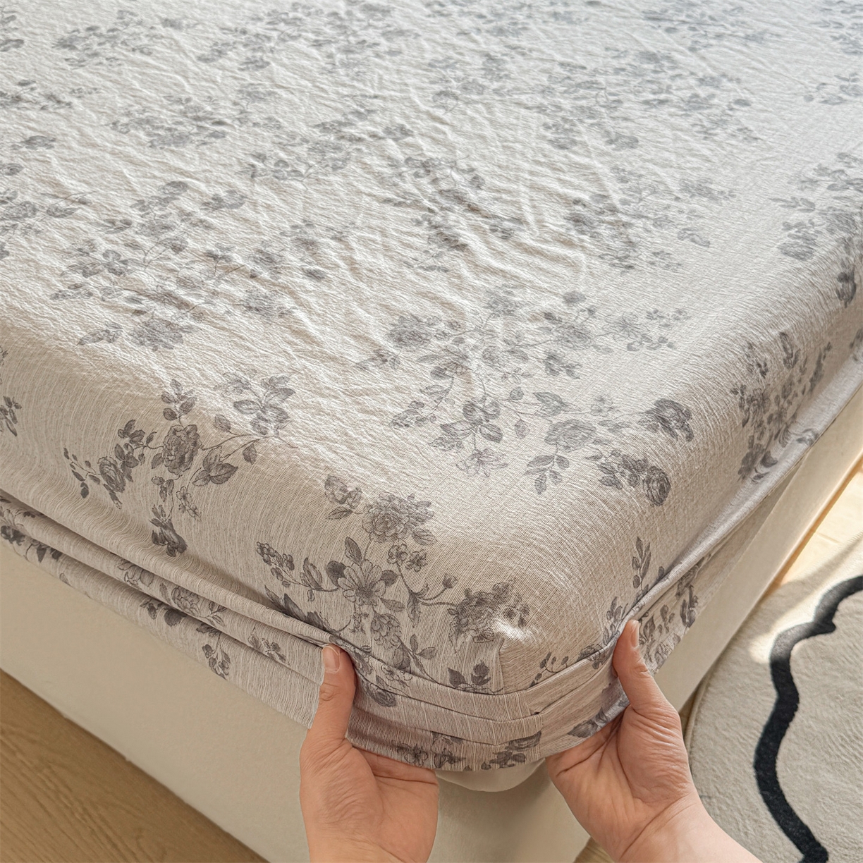 雯豆家纺 2026春夏新款色织提花单层床笠三件套印花小清新卡通床罩 色织提花-素锦灰