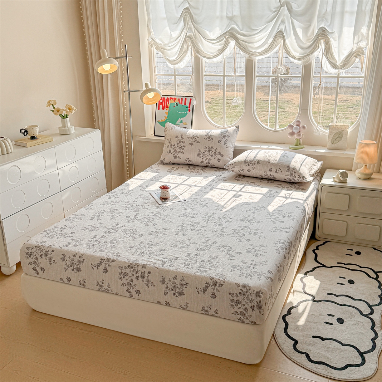 91家纺网 家纺一手货源 找家纺 雯豆家纺 2026春夏新款色织提花单层床笠三件套印花小清新卡通床罩 色织提花-素锦灰