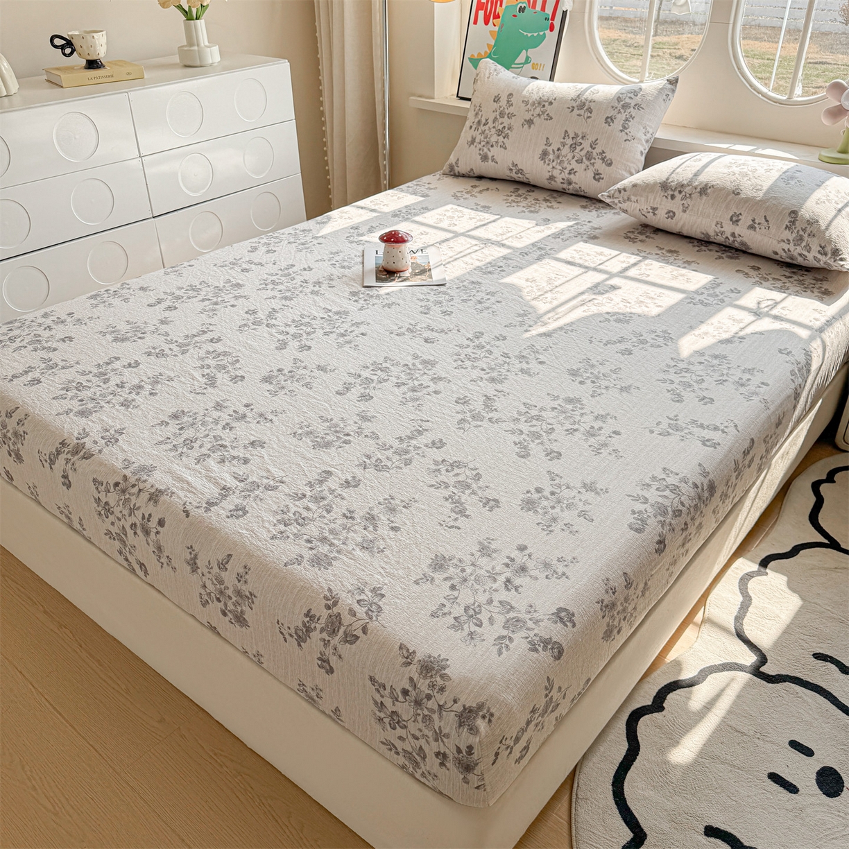 91家纺网 家纺一手货源 找家纺 雯豆家纺 2026春夏新款色织提花单层床笠三件套印花小清新卡通床罩 色织提花-素锦灰