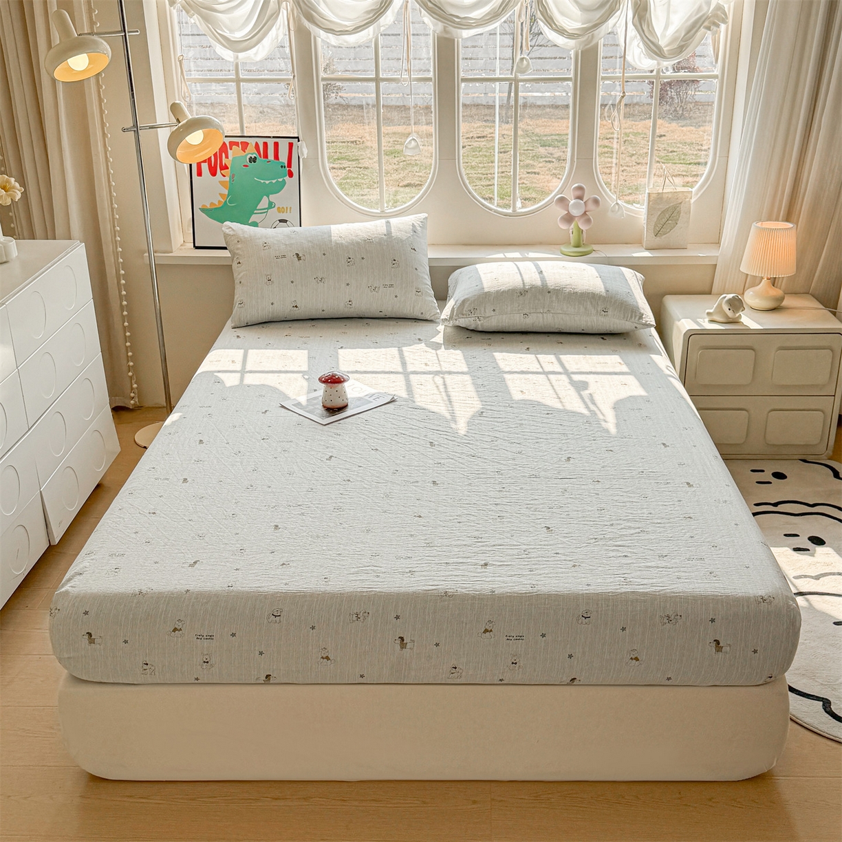 91家纺网 家纺一手货源 找家纺 雯豆家纺 2026春夏新款色织提花单层床笠三件套印花小清新卡通床罩 色织提花-星星狗