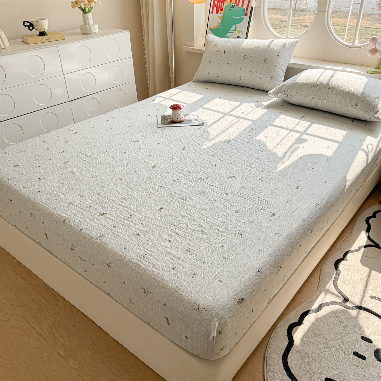 91家纺网 家纺一手货源 找家纺 雯豆家纺 2026春夏新款色织提花单层床笠三件套印花小清新卡通床罩 色织提花-星星狗