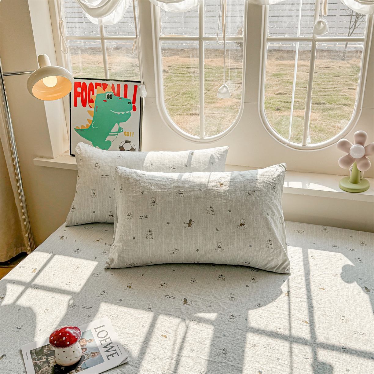 91家纺网 家纺一手货源 找家纺 雯豆家纺 2026春夏新款色织提花单层床笠三件套印花小清新卡通床罩 色织提花-星星狗