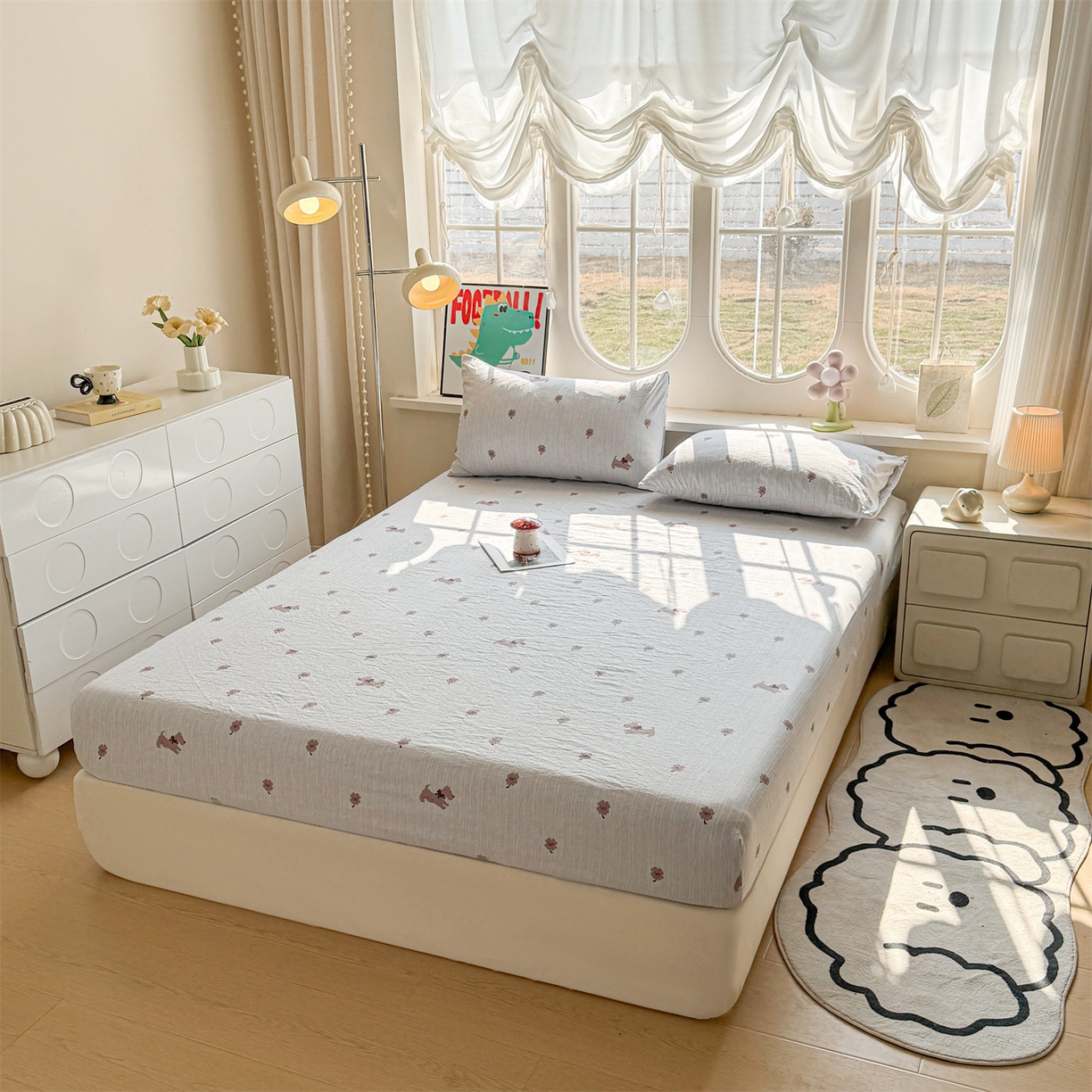 91家纺网 家纺一手货源 找家纺 雯豆家纺 2026春夏新款色织提花单层床笠三件套印花小清新卡通床罩 色织提花-幸运狗