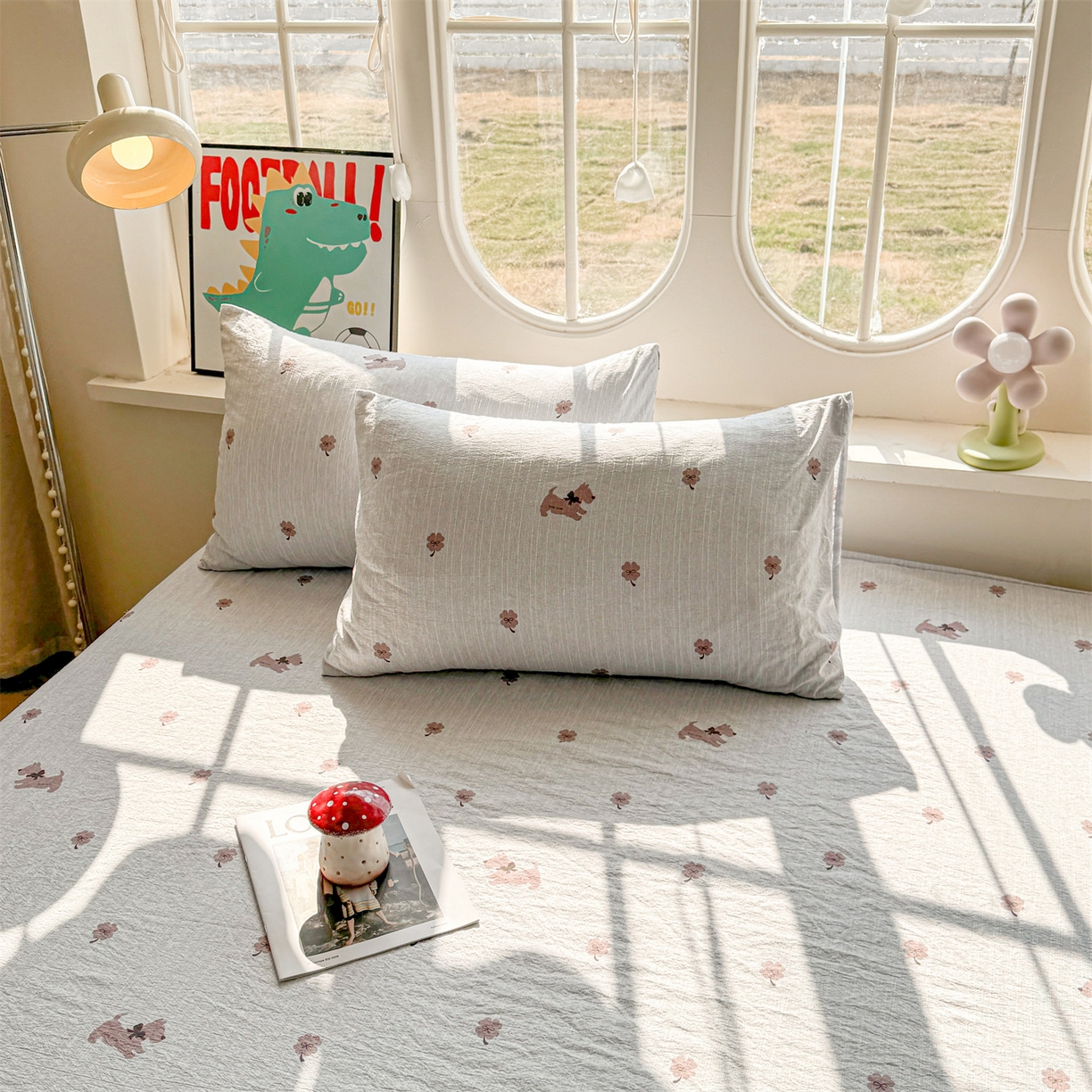 91家纺网 家纺一手货源 找家纺 雯豆家纺 2026春夏新款色织提花单层床笠三件套印花小清新卡通床罩 色织提花-幸运狗