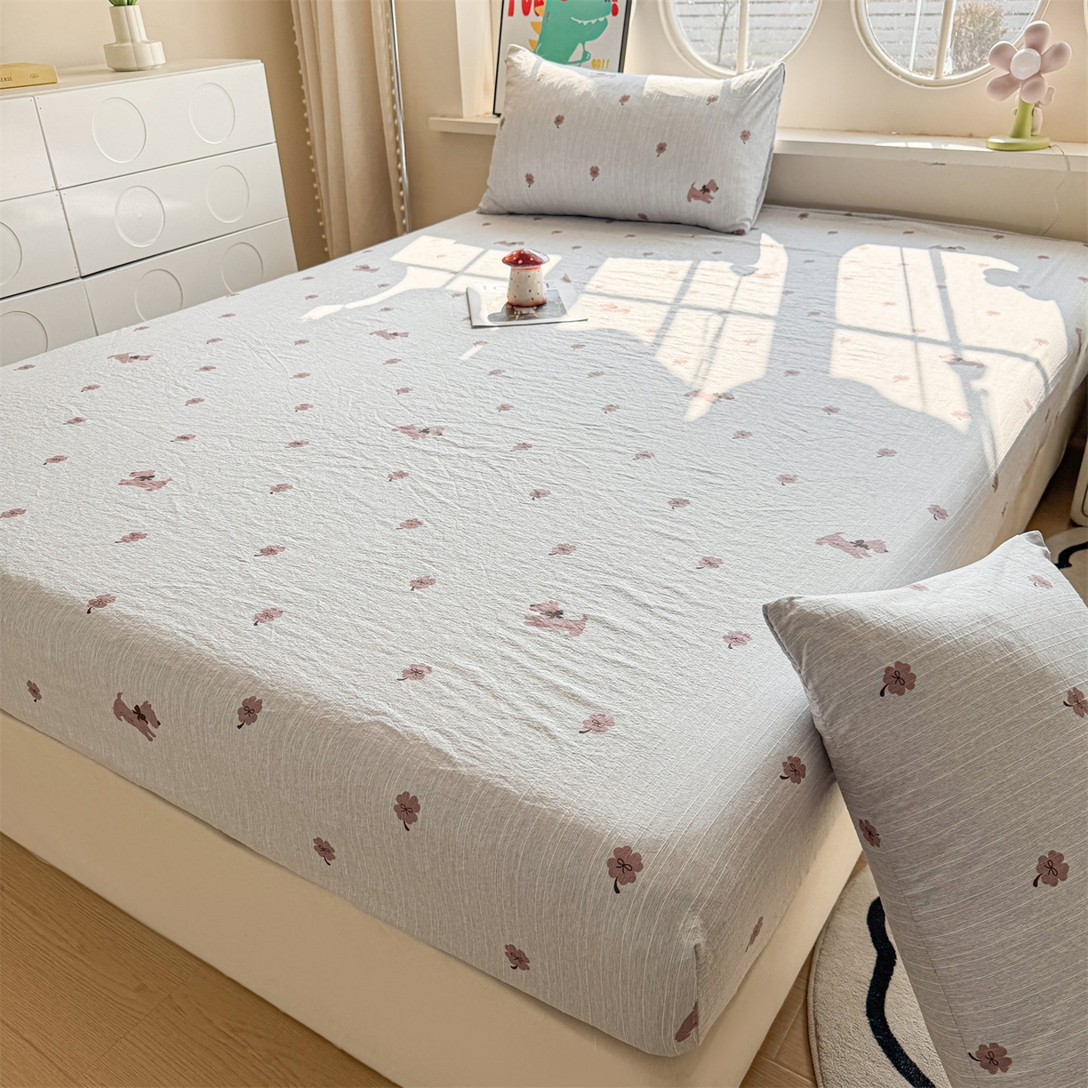 91家纺网 家纺一手货源 找家纺 雯豆家纺 2026春夏新款色织提花单层床笠三件套印花小清新卡通床罩 色织提花-幸运狗