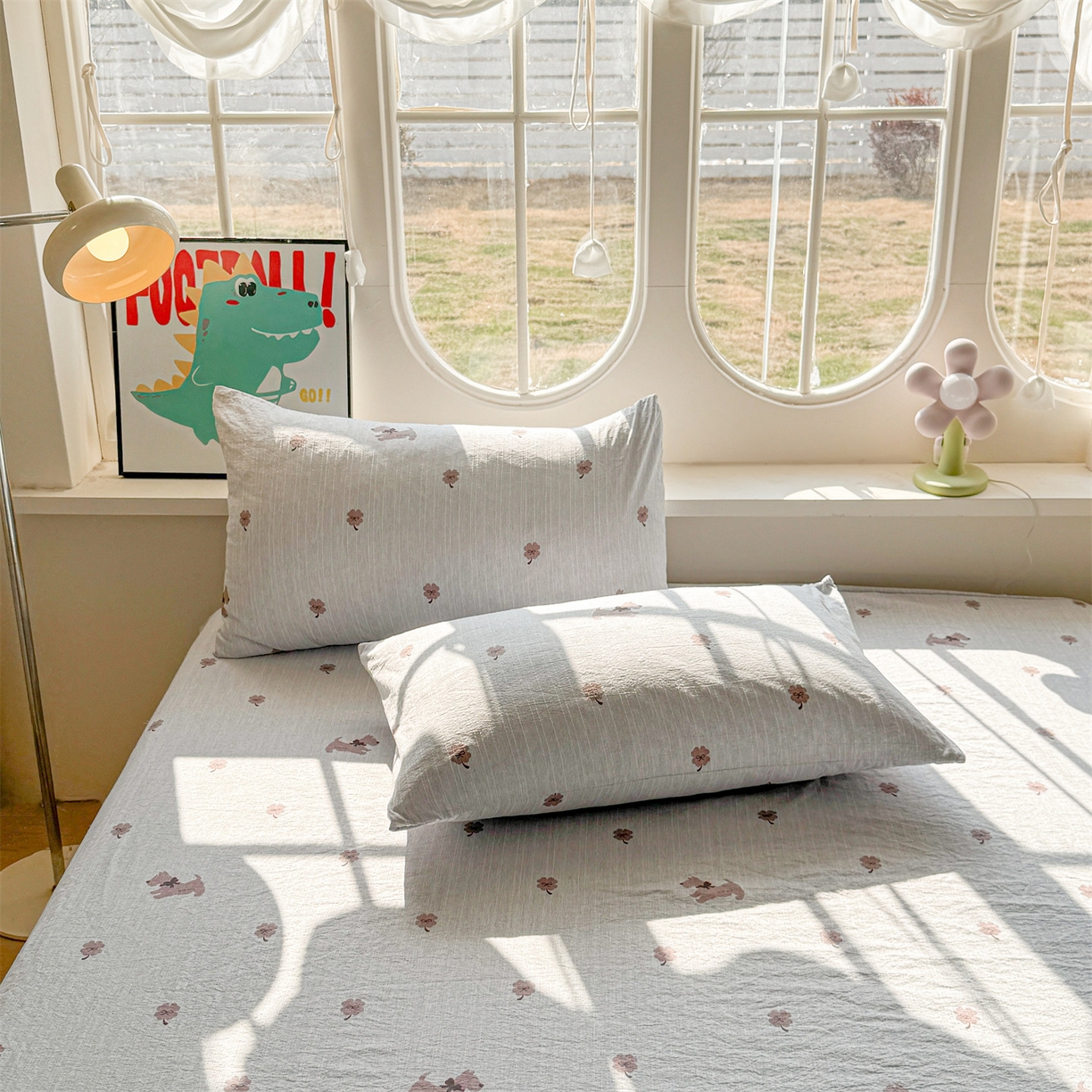 91家纺网 家纺一手货源 找家纺 雯豆家纺 2026春夏新款色织提花单层床笠三件套印花小清新卡通床罩 色织提花-幸运狗