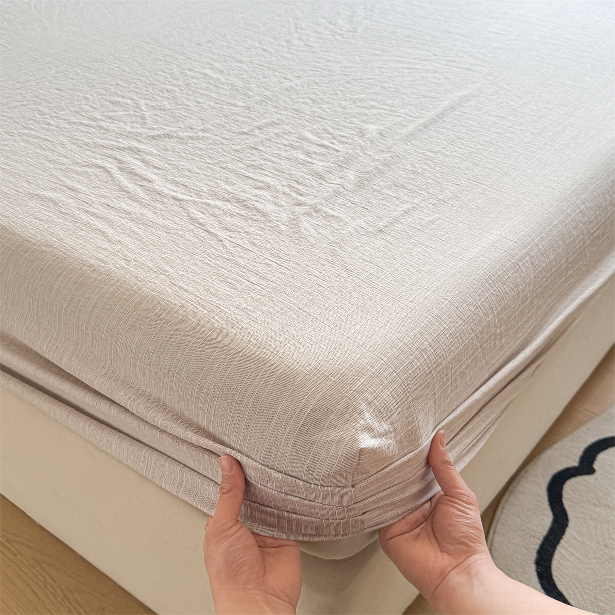 雯豆家纺 2026春夏新款色织提花单层床笠三件套印花小清新卡通床罩 色织提花-烟茶