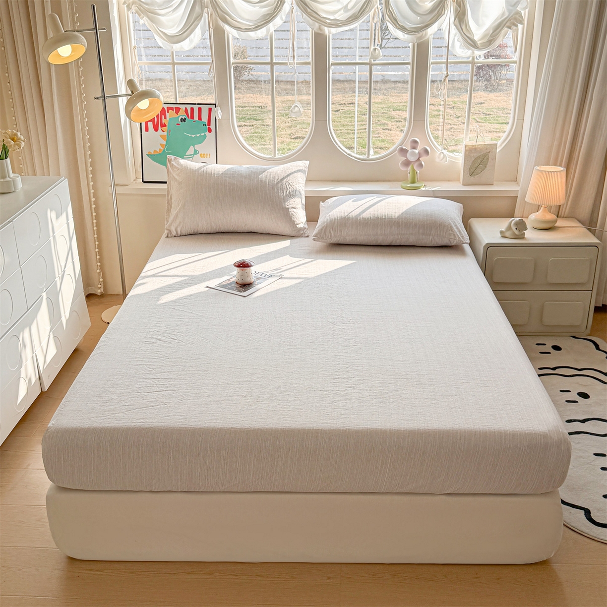 91家纺网 家纺一手货源 找家纺 雯豆家纺 2026春夏新款色织提花单层床笠三件套印花小清新卡通床罩 色织提花-烟茶