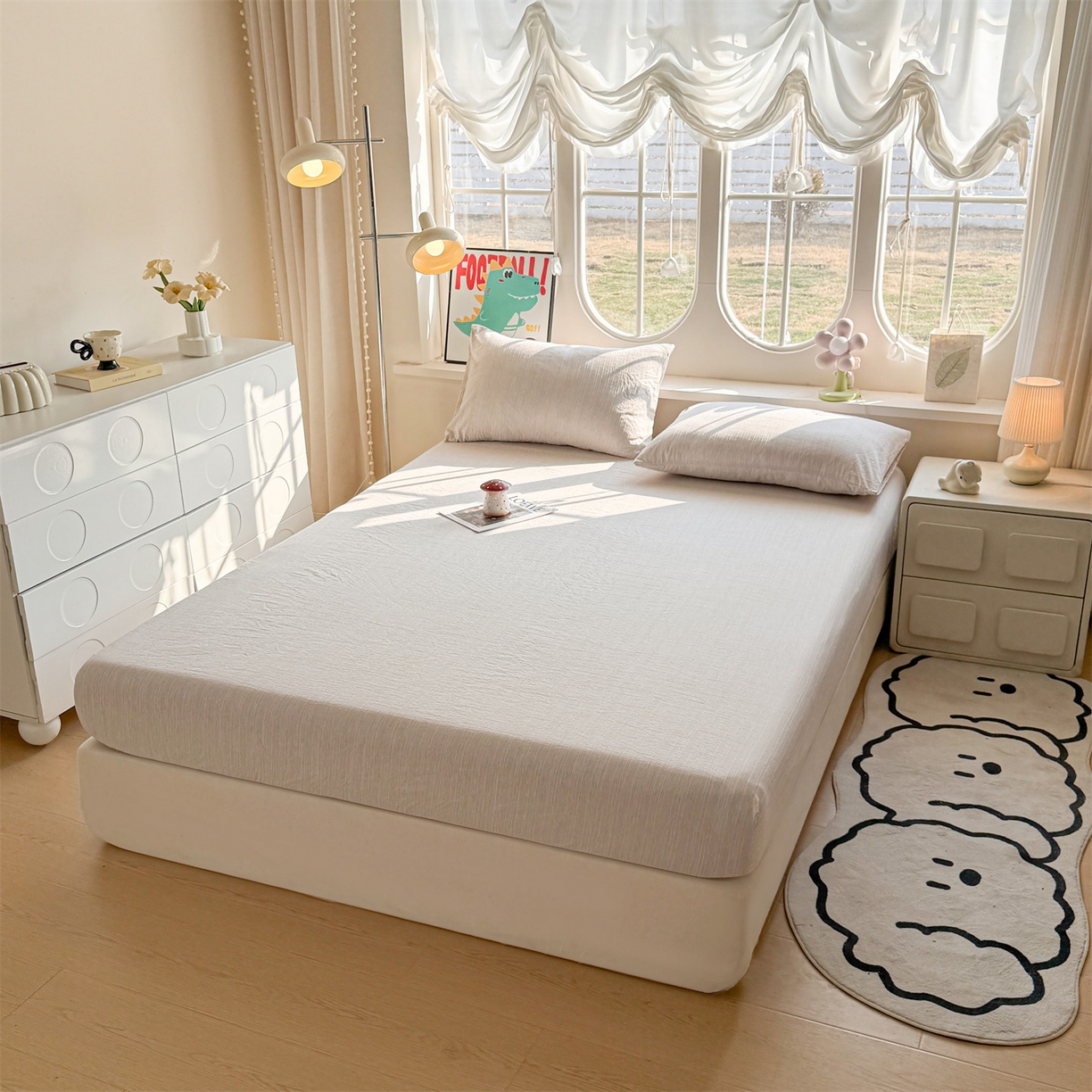 91家纺网 家纺一手货源 找家纺 雯豆家纺 2026春夏新款色织提花单层床笠三件套印花小清新卡通床罩 色织提花-烟茶