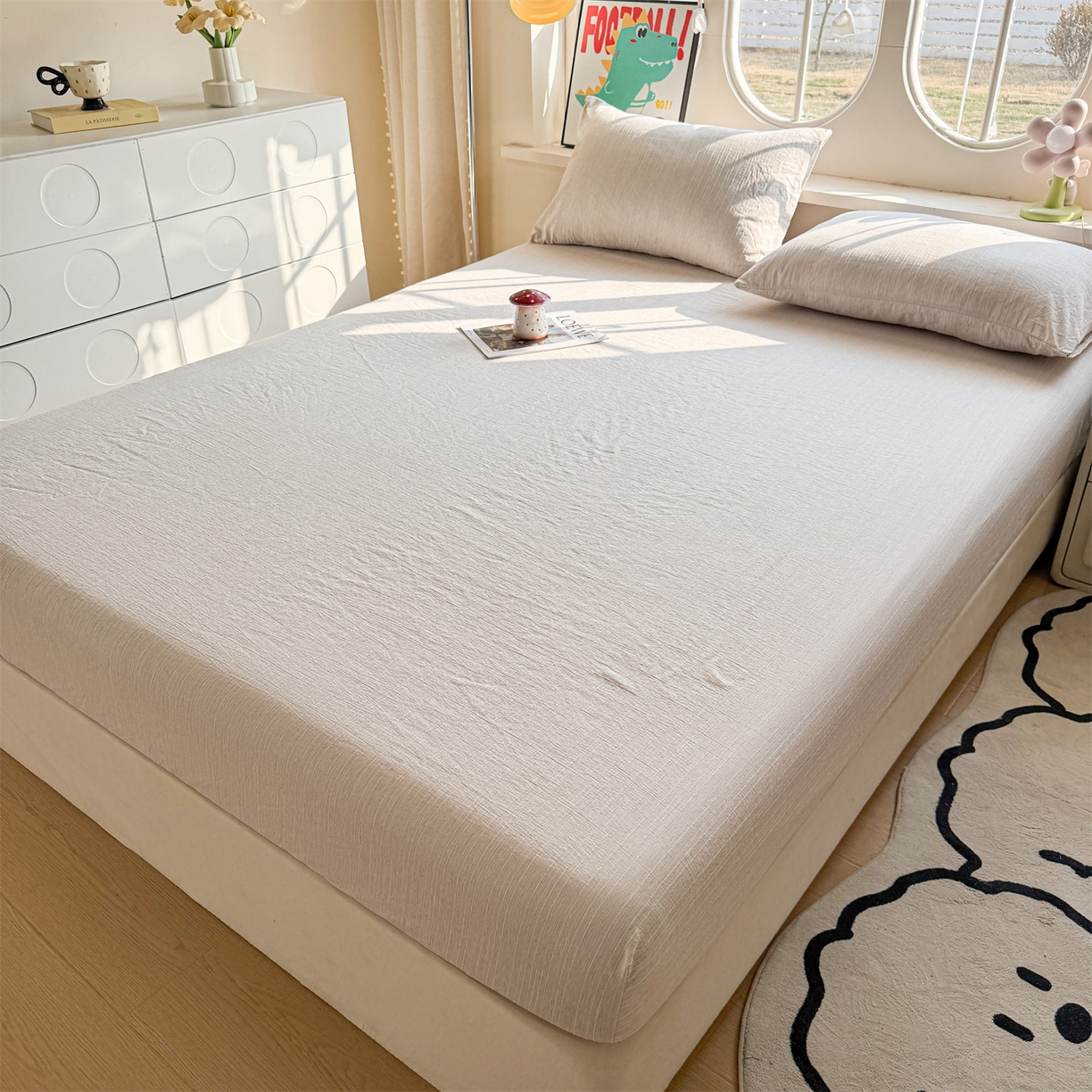 91家纺网 家纺一手货源 找家纺 雯豆家纺 2026春夏新款色织提花单层床笠三件套印花小清新卡通床罩 色织提花-烟茶