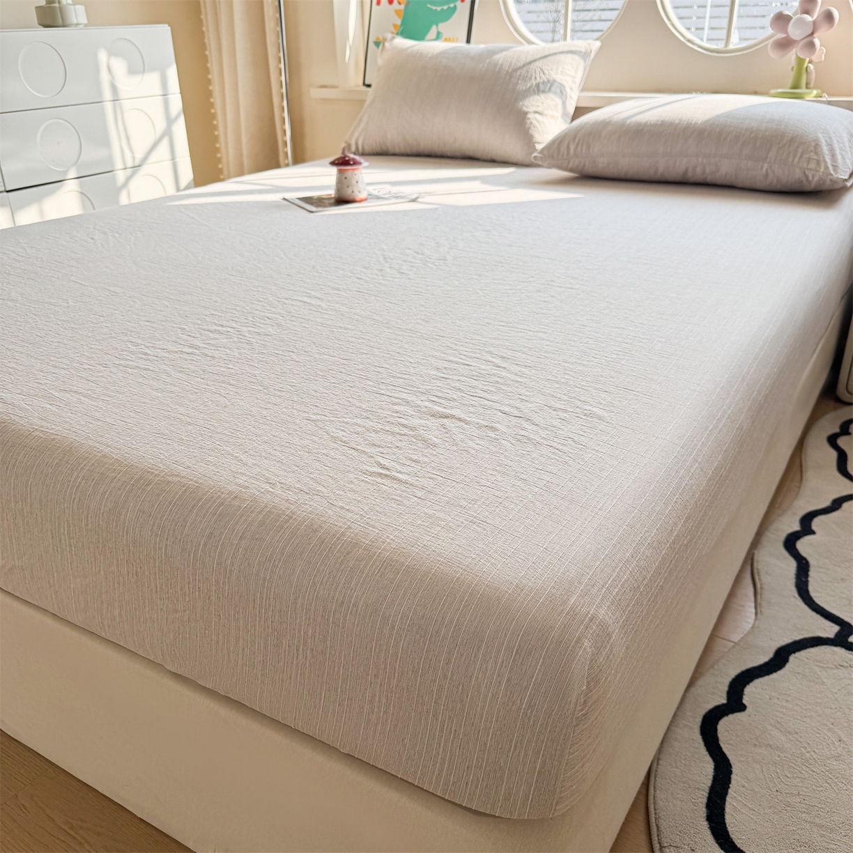 91家纺网 家纺一手货源 找家纺 雯豆家纺 2026春夏新款色织提花单层床笠三件套印花小清新卡通床罩 色织提花-烟茶