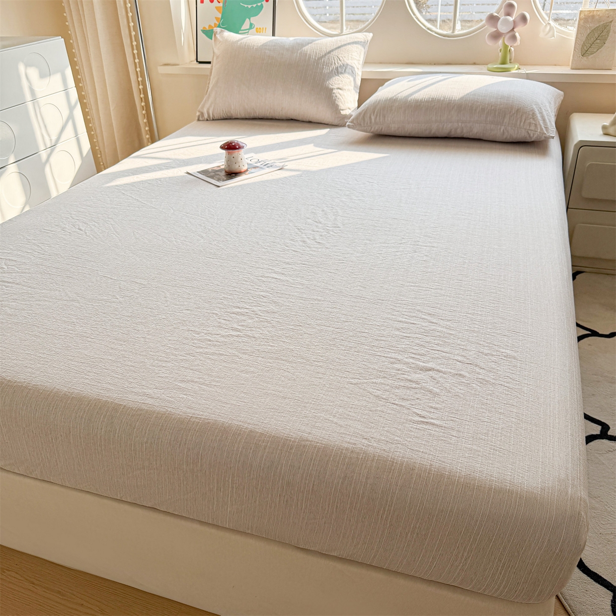 91家纺网 家纺一手货源 找家纺 雯豆家纺 2026春夏新款色织提花单层床笠三件套印花小清新卡通床罩 色织提花-烟茶