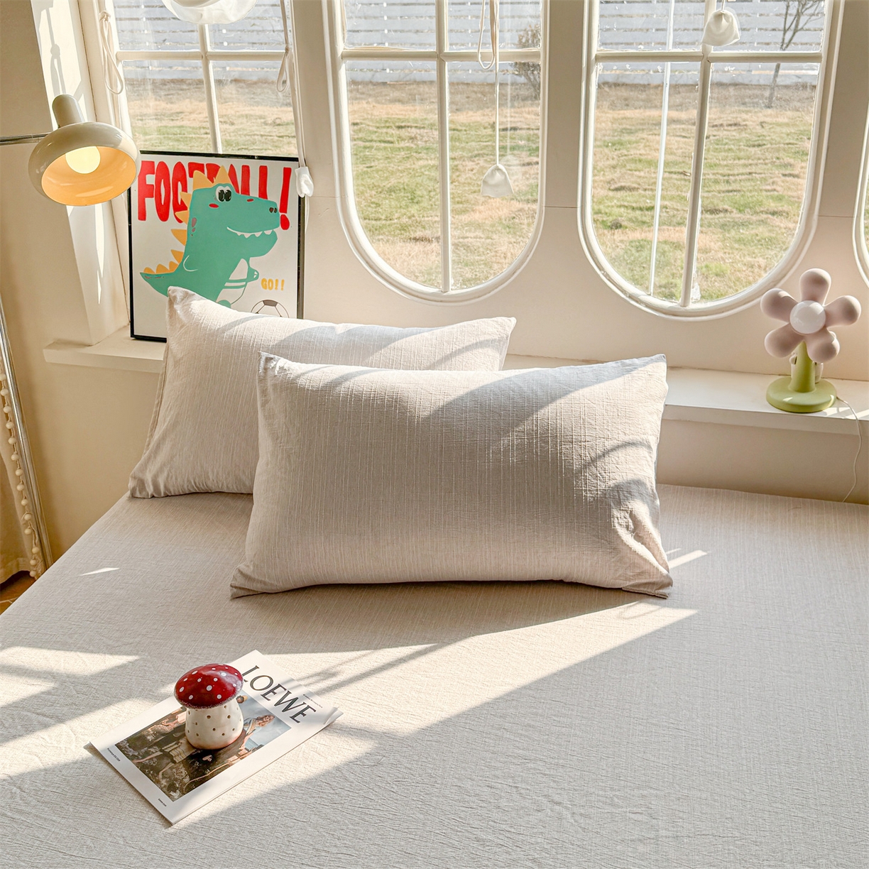 91家纺网 家纺一手货源 找家纺 雯豆家纺 2026春夏新款色织提花单层床笠三件套印花小清新卡通床罩 色织提花-烟茶